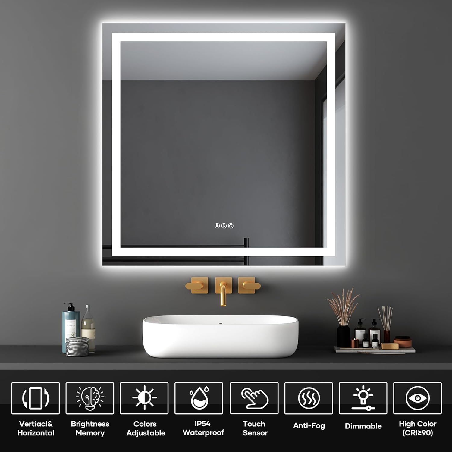 LED Bathroom Mirror with Lights, 36×36Inch Front and Backlit Led Mirror for Bathroom, 3 Colors Dimmable, Defogging, Memory Function, Shatterproof, Tempered Glass, Horizontal/Vertical,UL Listed