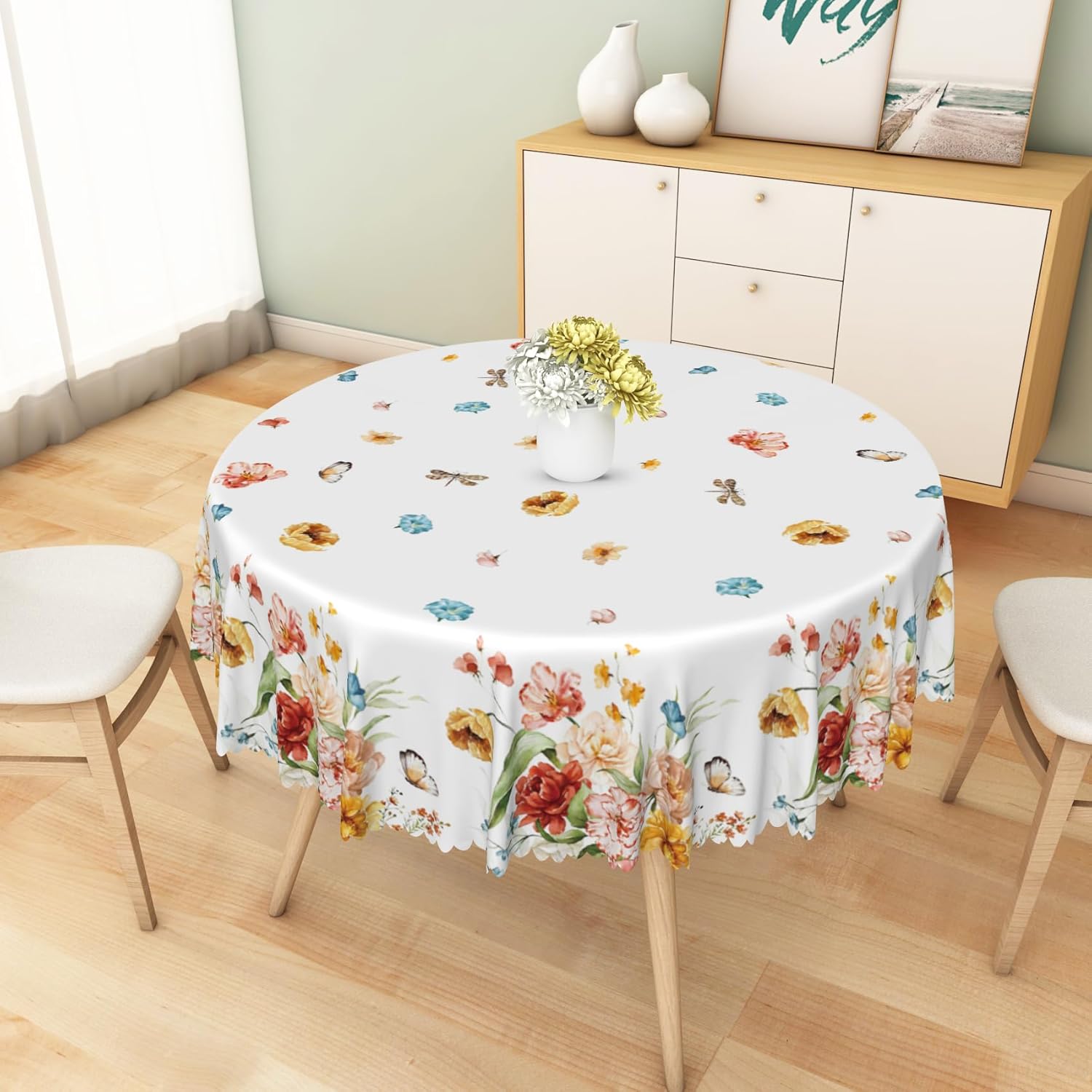 Colorful Floral Round Tablecloth 60 Inch Spring Peony Glory Butterfly Dragonfly Print Table Cloth Polyester Waterproof Reusable Flower Table Cover for Garden Party Kitchen Picnic Patio Decor