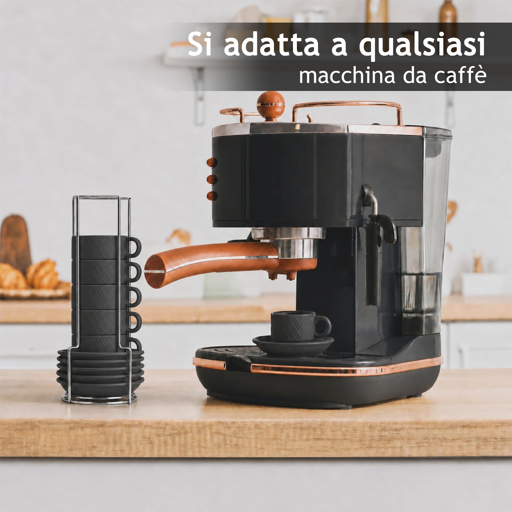 MIAMIO – 6 x 75 ml Espresso Tassen/Espressotassen Set mit Ständer Steingut Keramik - Palmanova Kollektion (Schwarz)