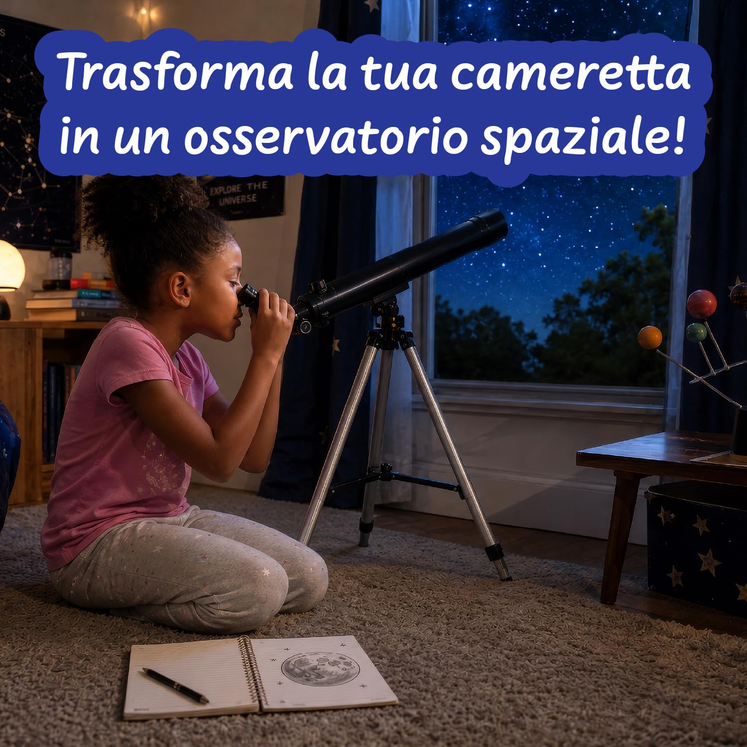 Telescopio Lunare con Treppiede, Lunghezza Focale 600 mm, Ingrandimento 50x e 100x, Telescopio per Principianti, Gioco Educativo STEM, Regalo per Bambini