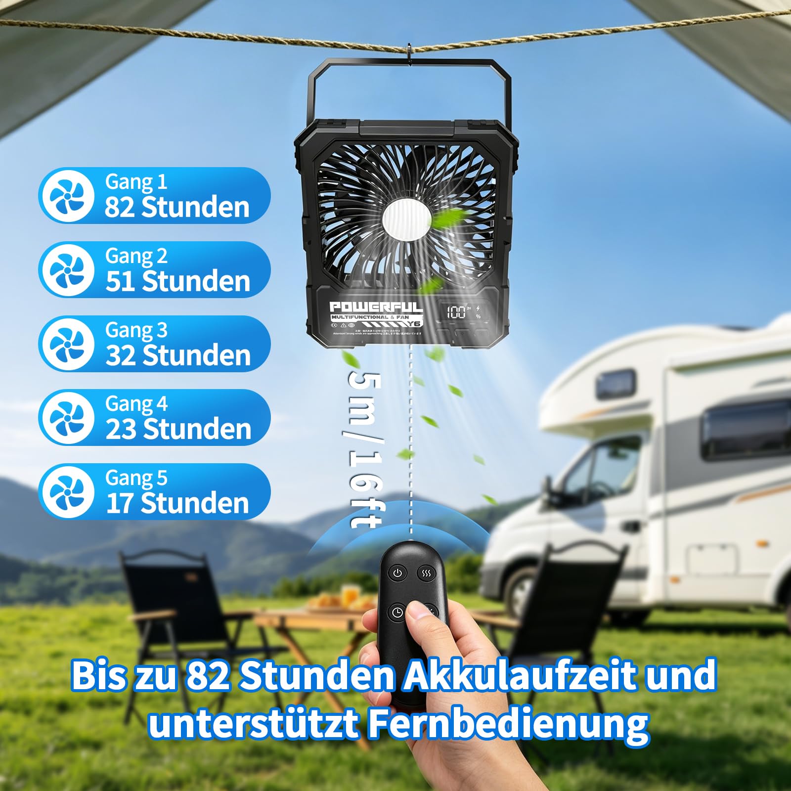 yAyusi 20000mAh Akku Ventilator Camping mit Lampe,Tragbarer Reise Ventilator mit Fernbedienung Timer Ultra-Leise Ultraflach 5 Stufen 17-82 Std Laufzeit, USB Tischventilator für Outdoor/Zelt/Haus