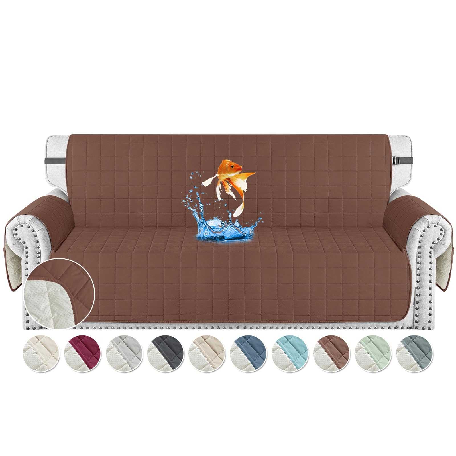 MAXIJIN Waterproof 4 Seater Couch Covers, 79" Quilted Sofa Covers Washable Pet Dog Couch Cover Protector with Elastic Strap & Side Pocket (Coffee, 4 Seater)