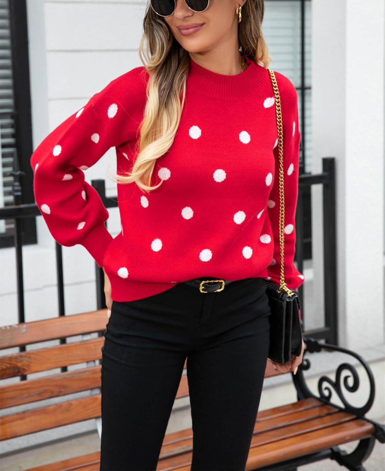 chouyatou Women's Vintage Polka Dot Pullover Sweaters Color Block Crewneck Casual Slouchy Sweater Jumper Tops - Image 2