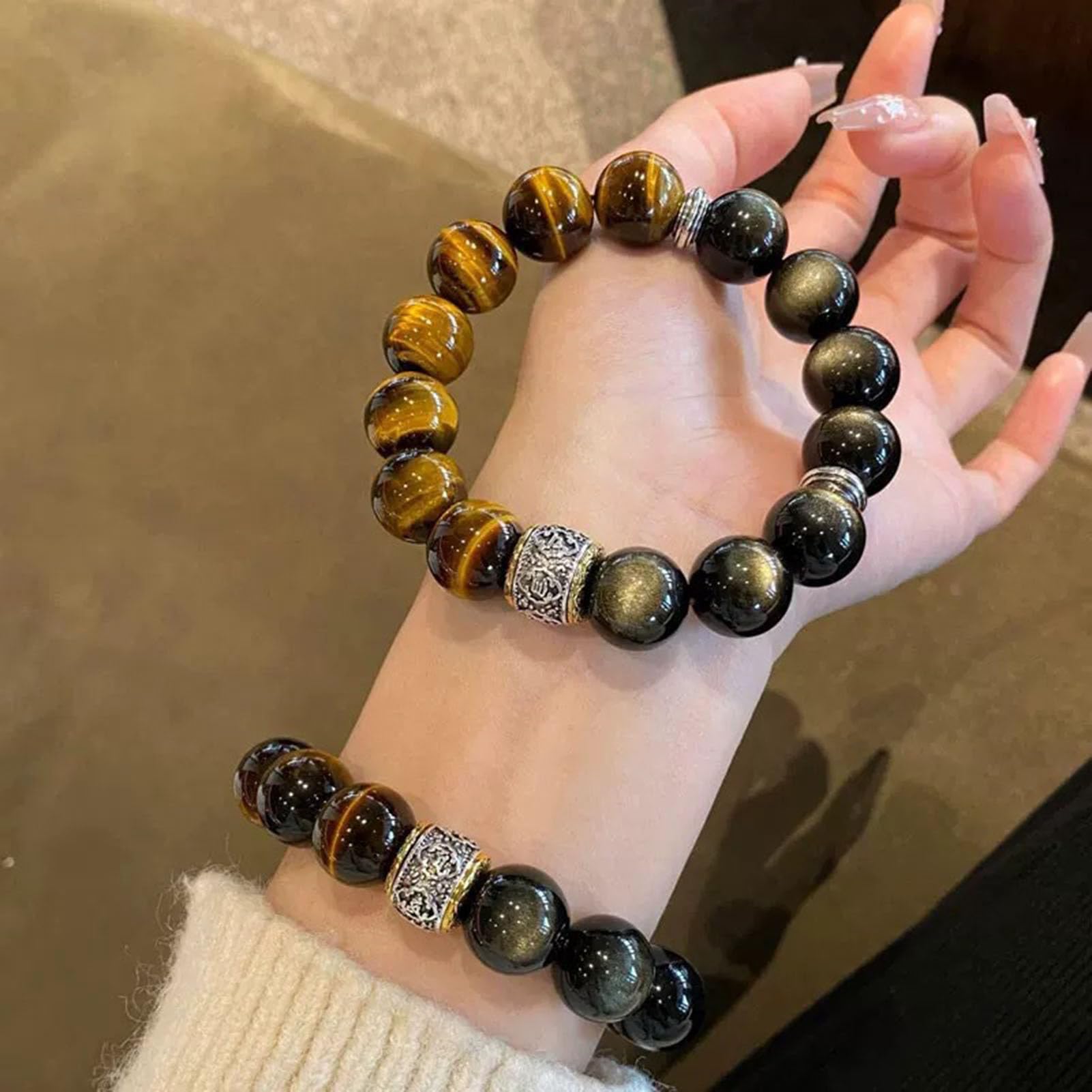Bracciale in Ossidiana con Occhio di Tigre Giallo e lucentezza Dorata - Perline di Cristallo Nero e Marrone Dorato Naturale per Protezione e Sicurezza, Gioielli Elasticizzati,12MM