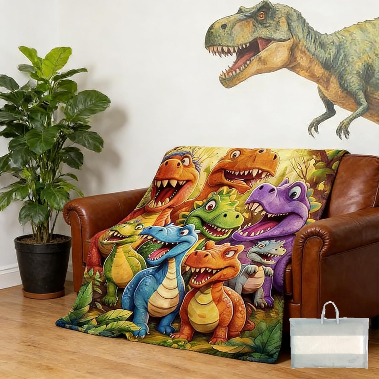Cute Smiling Dinosaurs HD Digital Print Flannel Blanket, 3D Dino Flannel Blanket Super Soft Funny Throw, Thick Lightweight All-Season Cozy Fleece Blanket for Bed Sofa Travel (59.06 * 78.74 in)