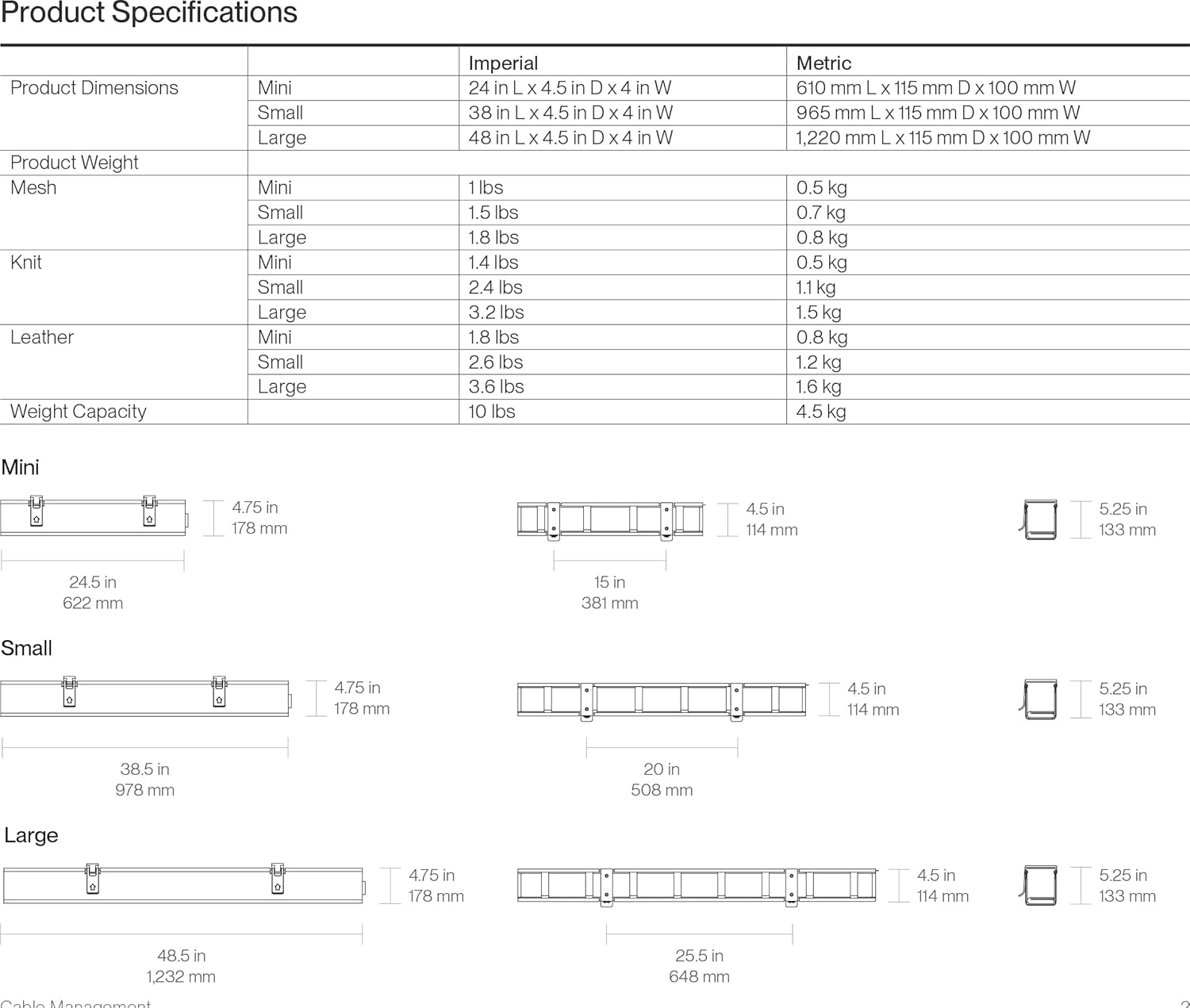 Humanscale Mesh Wire Basket for Desk, Durable Wire Cable Management for Strips and Cables, Under Desk Organizer, Self Fastener Secure Cable Management Basket (Graphite Pinstripe Mesh, 48" Large Size)