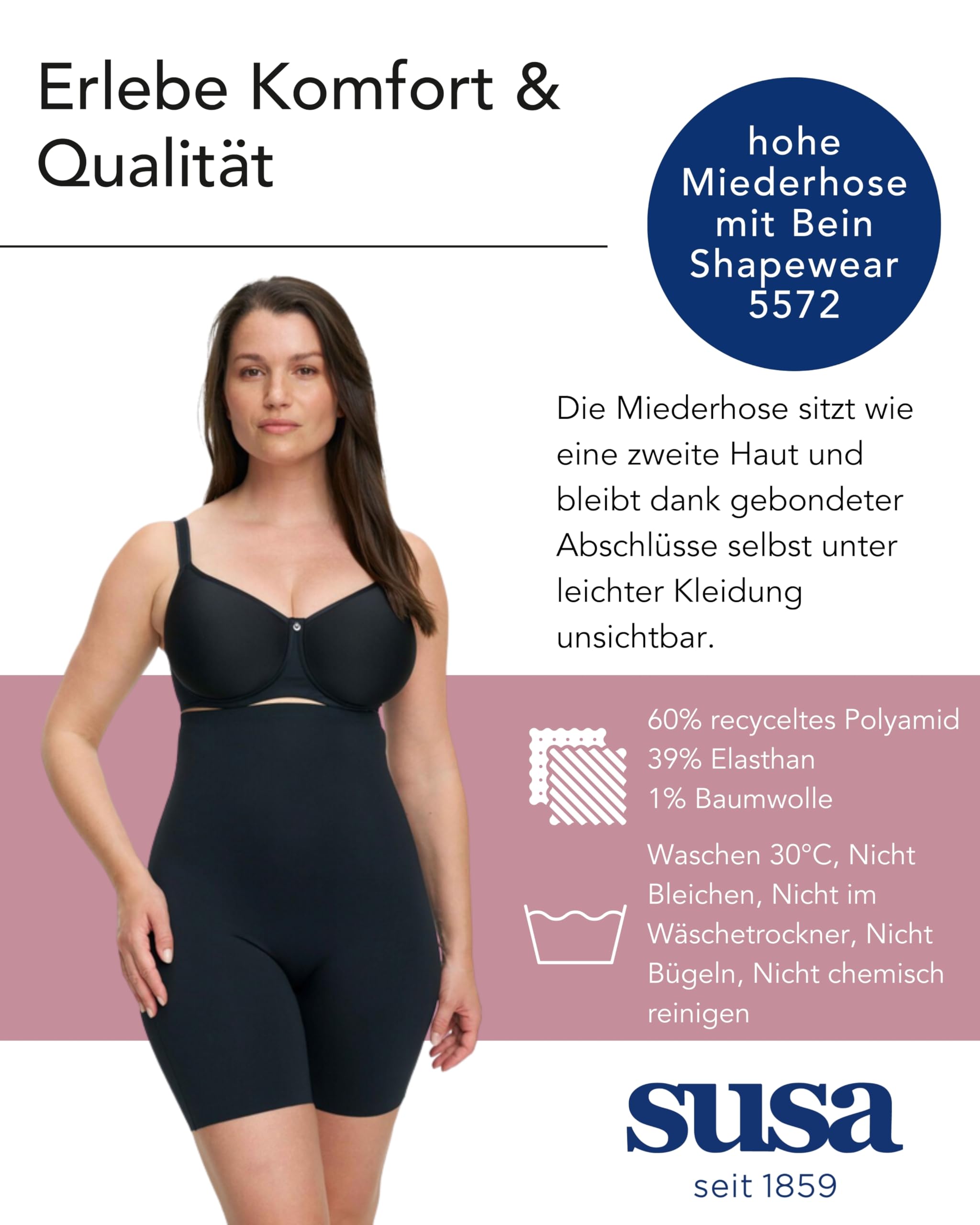 SUSA Shapewear I Gr. 36-48 I Miederhose 5572 I Bauchweg Hose Damen I Shaping Shorts mit Clean-Cut Beinabschluss & hohem Bein I Shape Wear mit Silikonbeschichtung am Bund I nahtlos & blickdicht