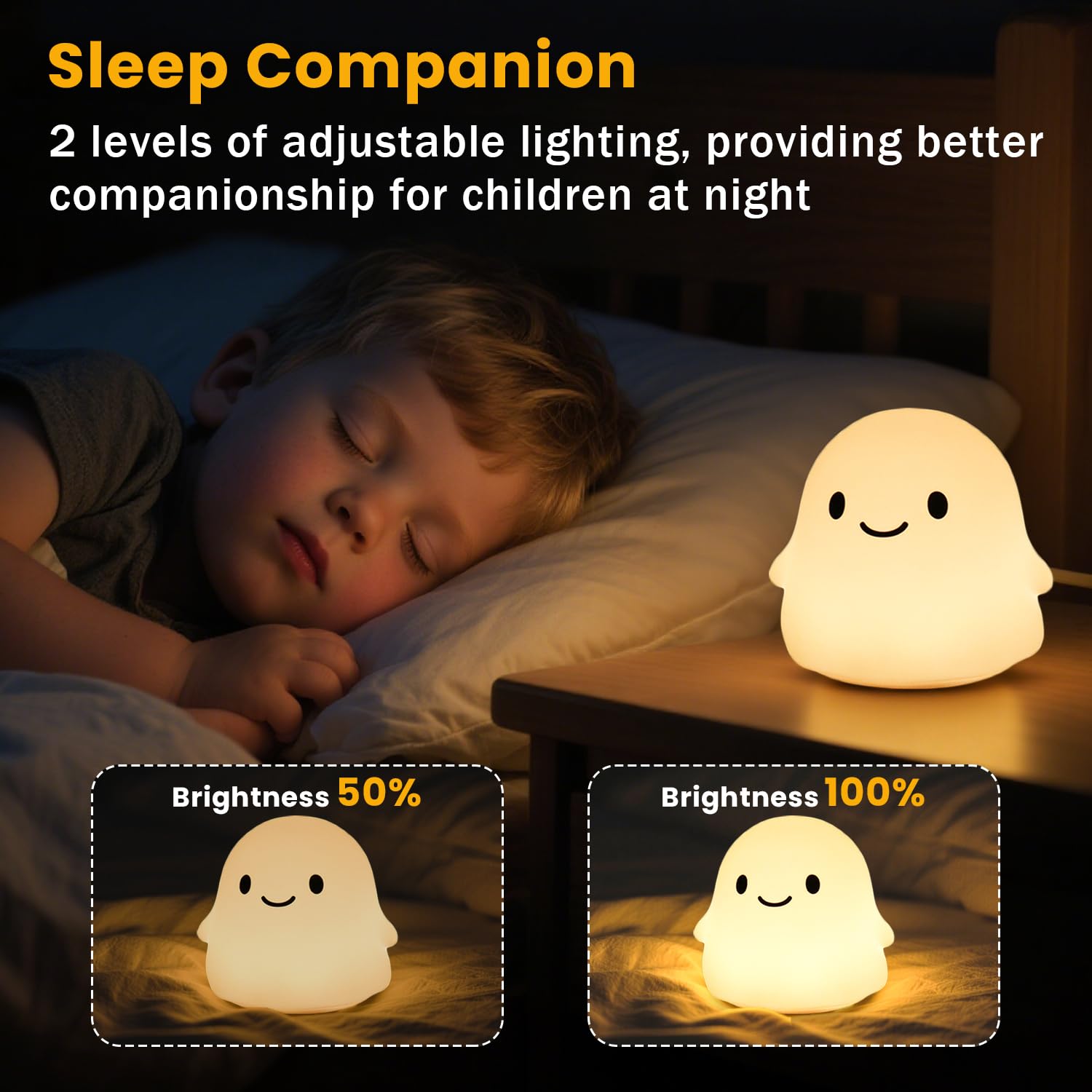 Geister-Nachtlicht für Kinder, quetschbare Silikonlampe – 50 Stunden niedrig/12 Stunden hoch, 2 Helligkeiten, Tippsteuerung, wiederaufladbar, für Kinder, Halloween-Dekoration und Kinderzimmer