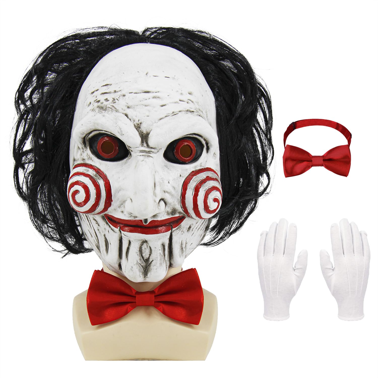 Oumbivil Saw Billy Costume Mask Adult Horror Movie Full Head Latex Mask with Hair Scary Halloween Costumes Clown Puppet Cosplay with Red Bow Tie and Gloves Party Masquerade Props OU084