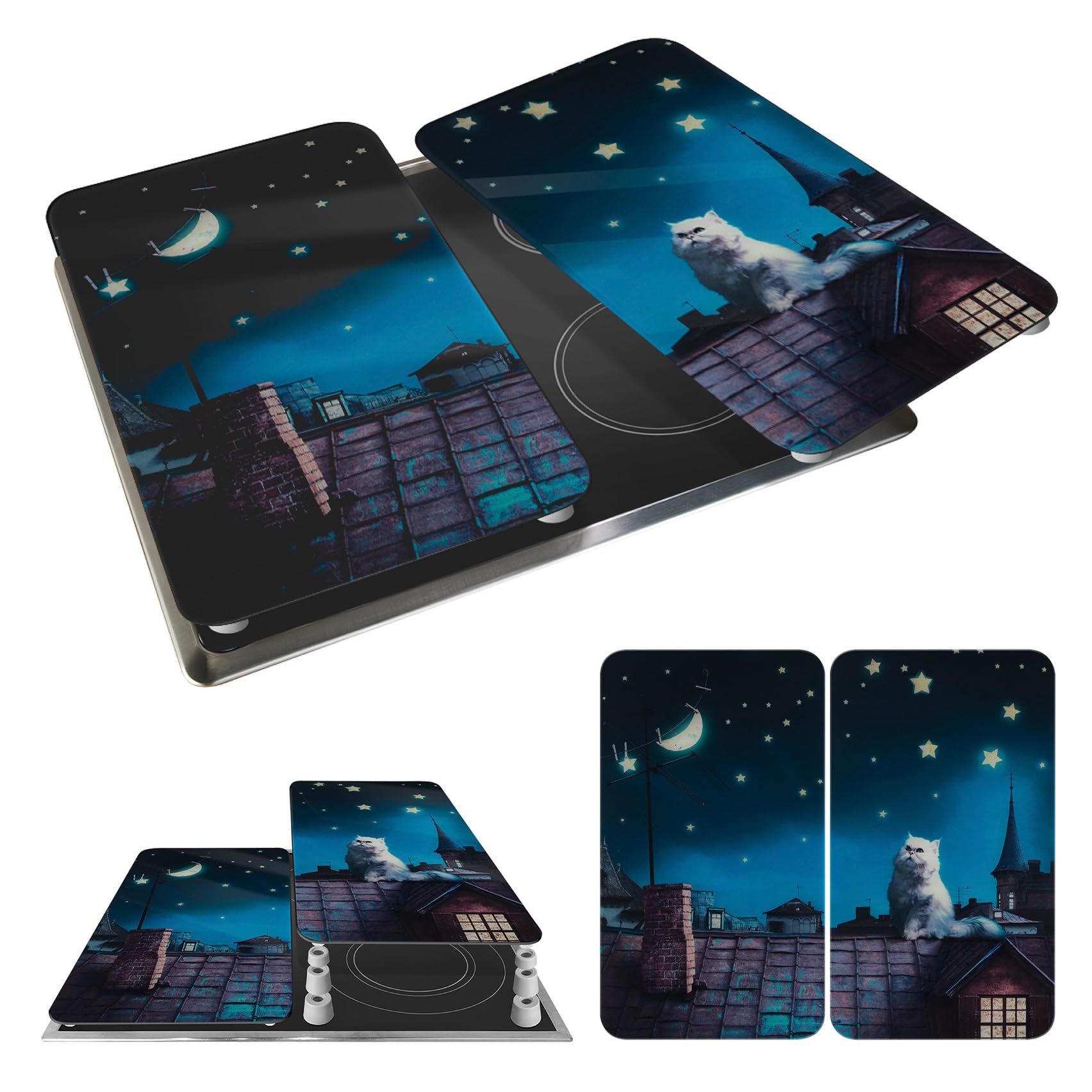 WENKO Herdabdeckplatte Universal Mod. Moon Cat, höhenverstellbar für alle Herdarten, Schneidebrett und Spritzschutz, Glas, 30 x 52 cm, 2-teilig