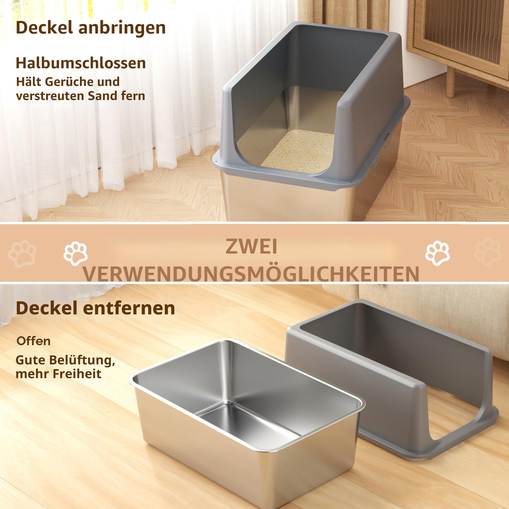 Katzenklo Edelstahl mit Deckel, Katzentoilette XXL, 40,5 cm Hohem Rand | Katzenklo xxl Große Katzen,Katzenklo Offene, Extra Große Katzentoilette mit Grauem Deckel, Leichtes Reinigen