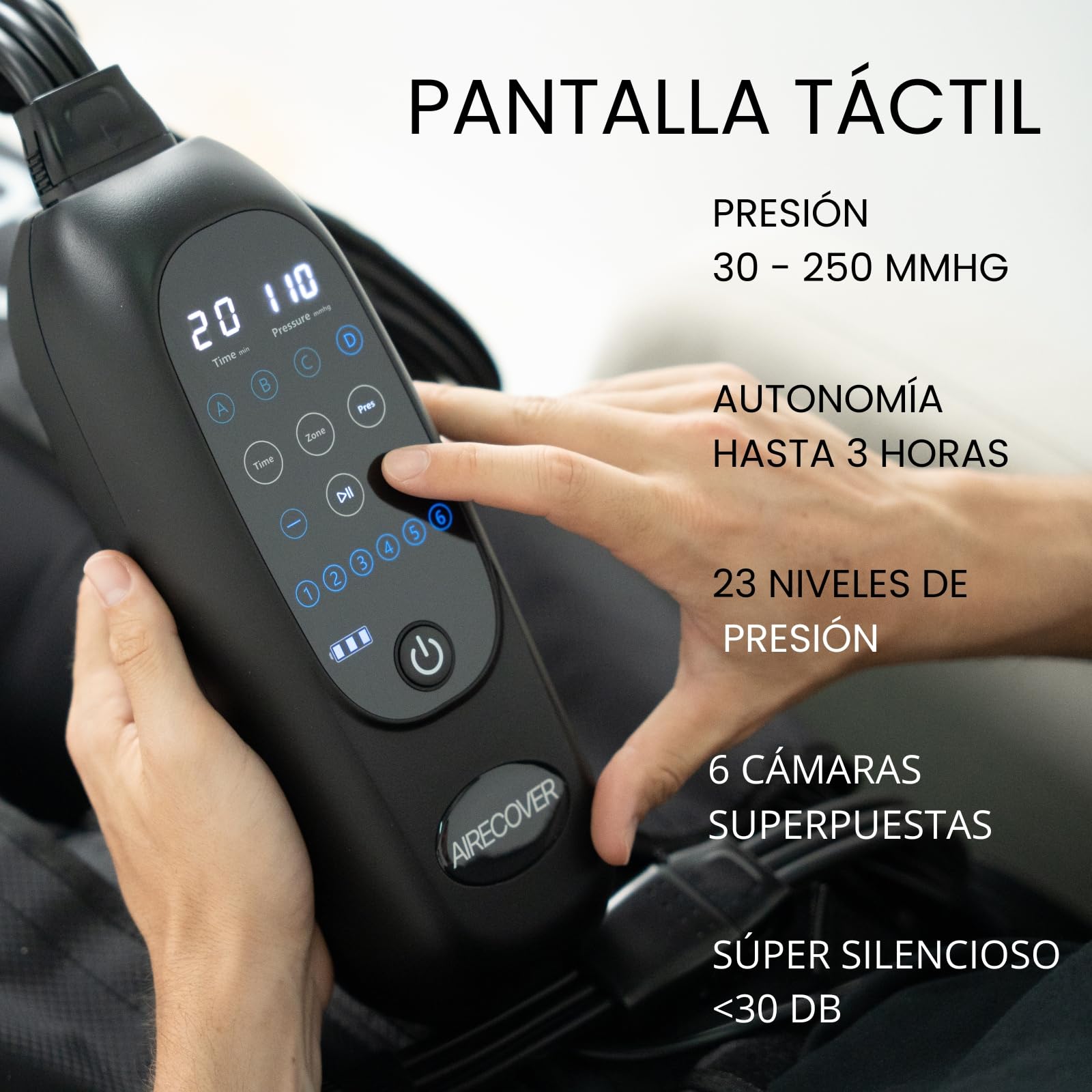 Pantalones de Presoterapia para Casa, Recargables Masajeador de Piernas Cansadas para Circulación y Drenaje Linfático, 6 Cámaras, 4 Modos, 30–250 mmHg, Batería 3H