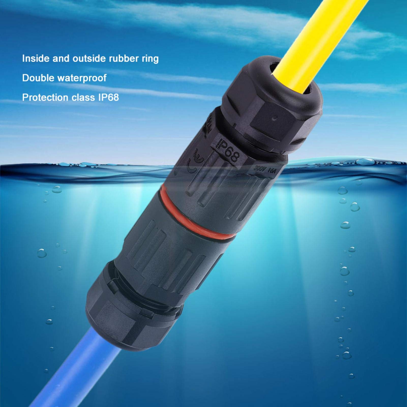 ASHATA Connettore Elettrico Impermeabile da 10 Pezzi a 3 Pin, 14〜30AWG Connettore per Cavo Elettrico Impermeabile IP68 Presa per Presa Esterna