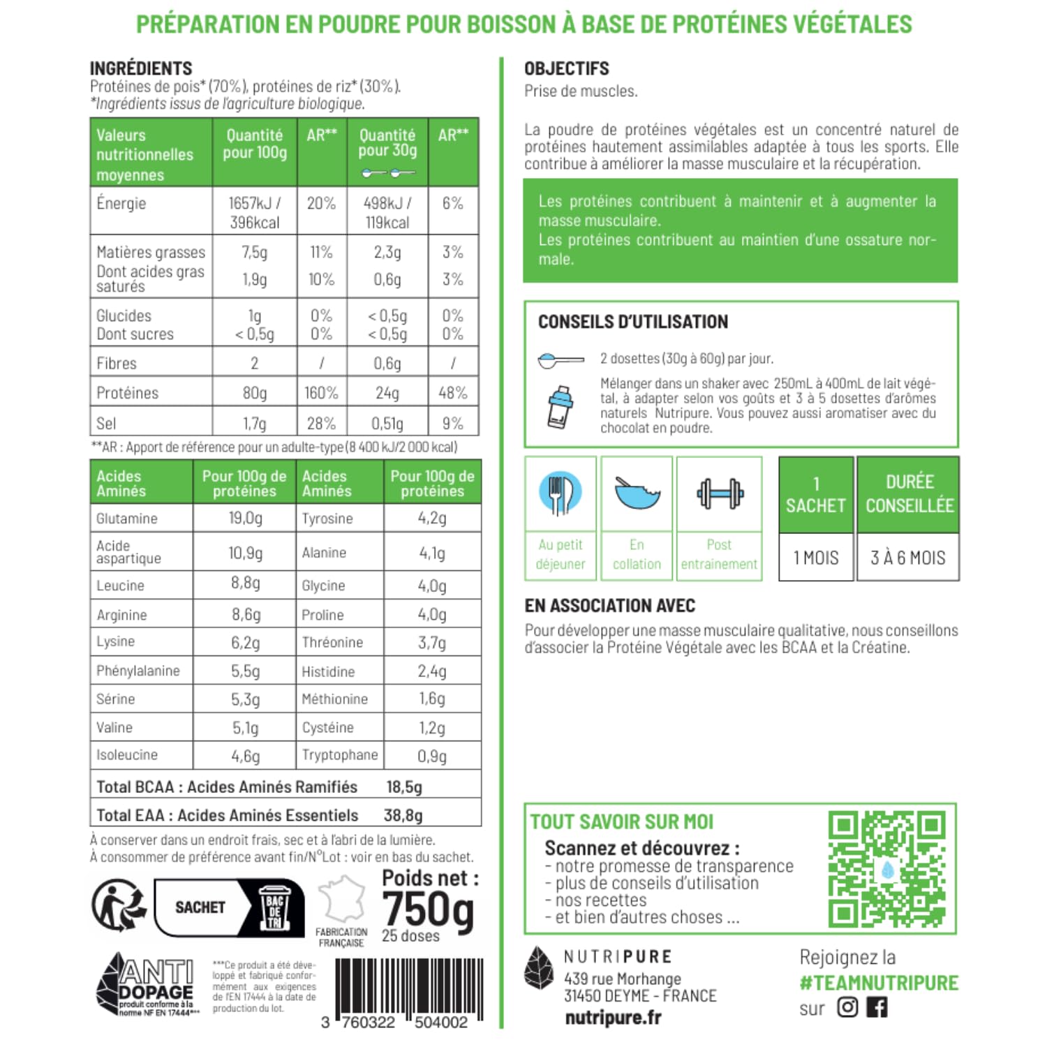 Nutripure | Protéine Vegan Bio | Neutre | Complément Alimentaire Sport & Musculation | Protéine Végétale de Pois et de Riz, BCAA, EAA | 750gr | 15 à 30 portions | Made in France