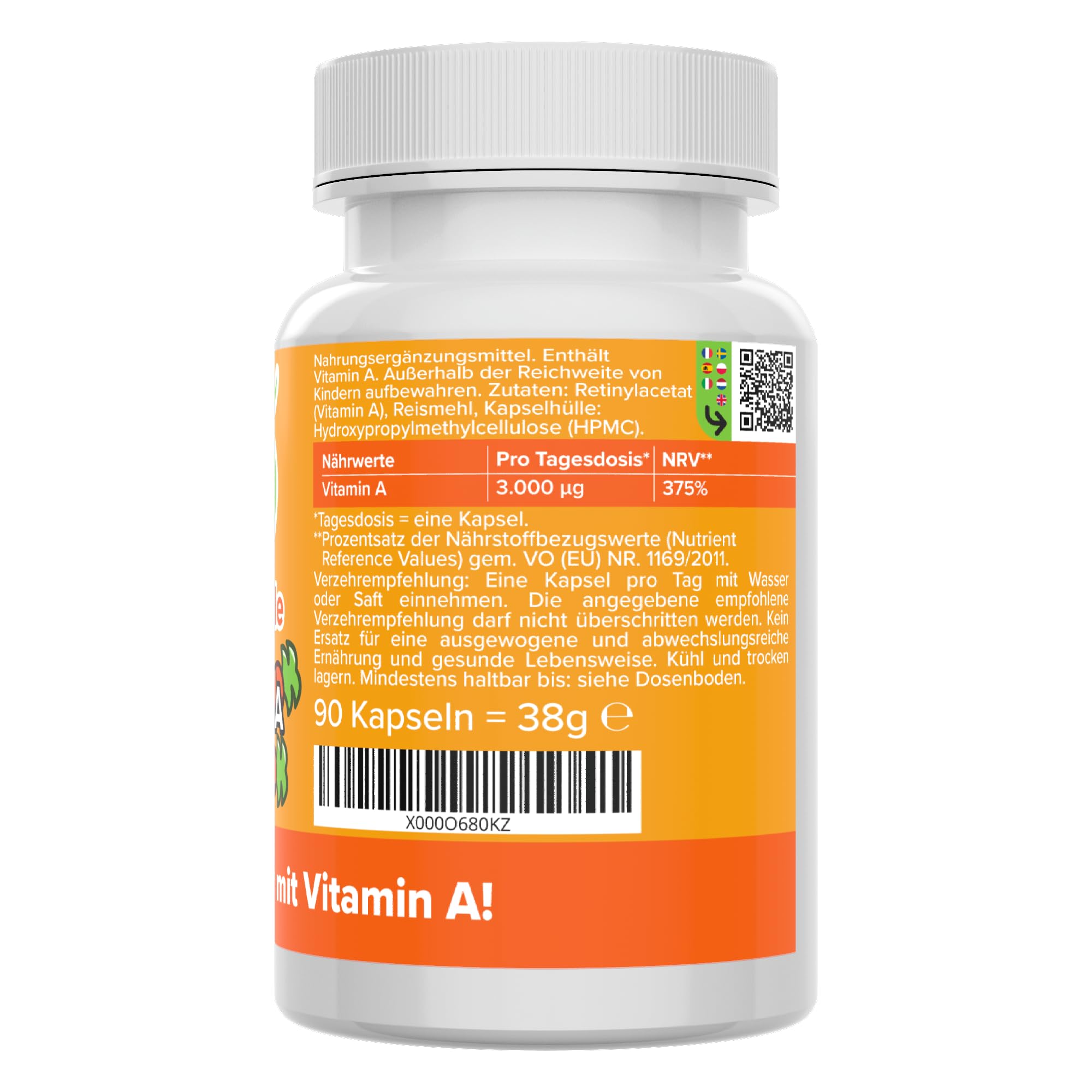 Vitamin A Kapseln - hochdosiert 10.000 IE (3.000 µg) - Produktion in Deutschland - bioaktiv & vegan - laborgeprüft - Retinylacetat (Retinol) - ohne Zusatzstoffe - für Haut & Sehkraft - Vitamineule®