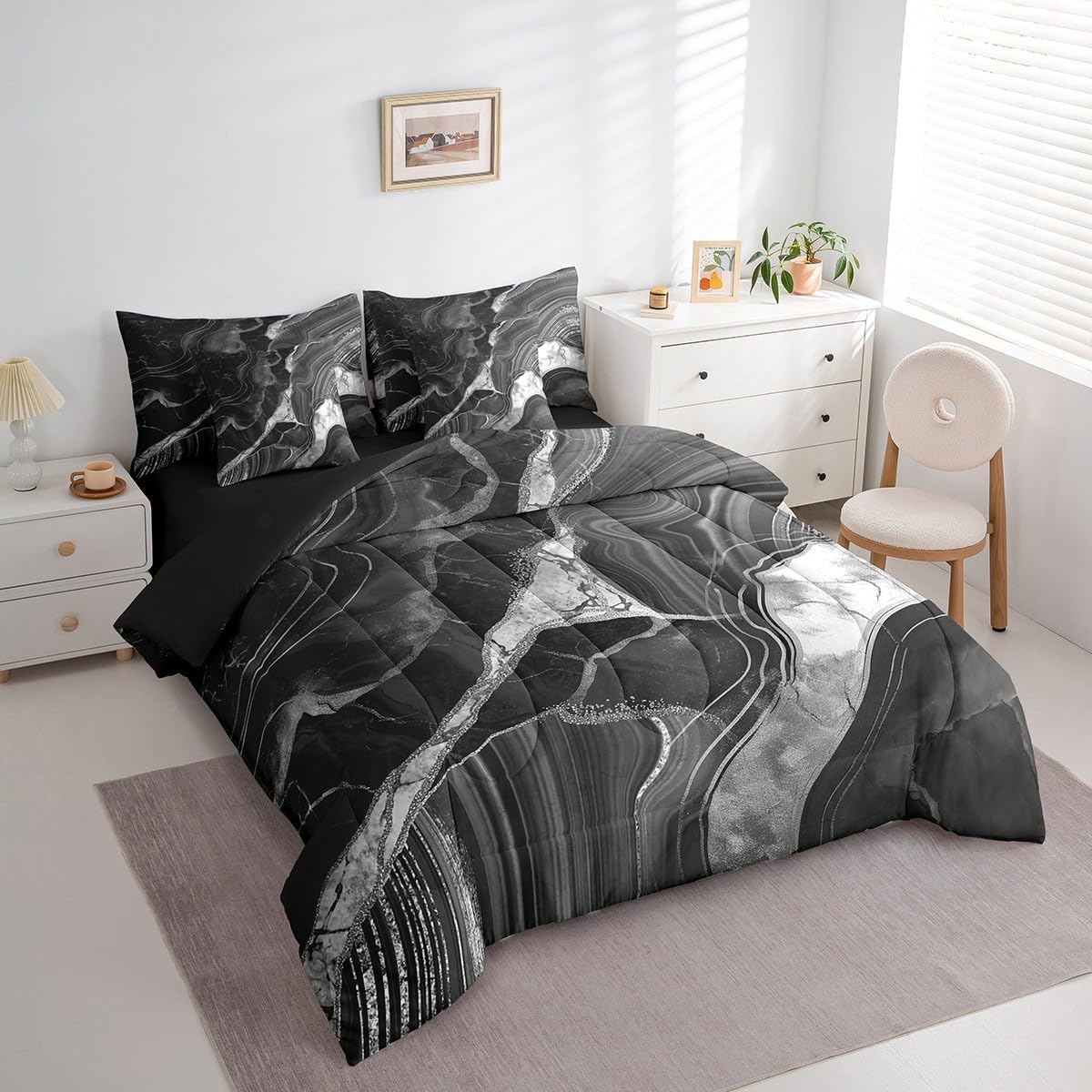 Erosebridal Black Grey Marble 7 Pcs Comforter Set Twin, Gray Marbling Crack Print Bedding for Adults, Abstract Metallic Texture Sheet Set Bed in A Bag, Boho Hippie Fluid Reversible Black Quilt
