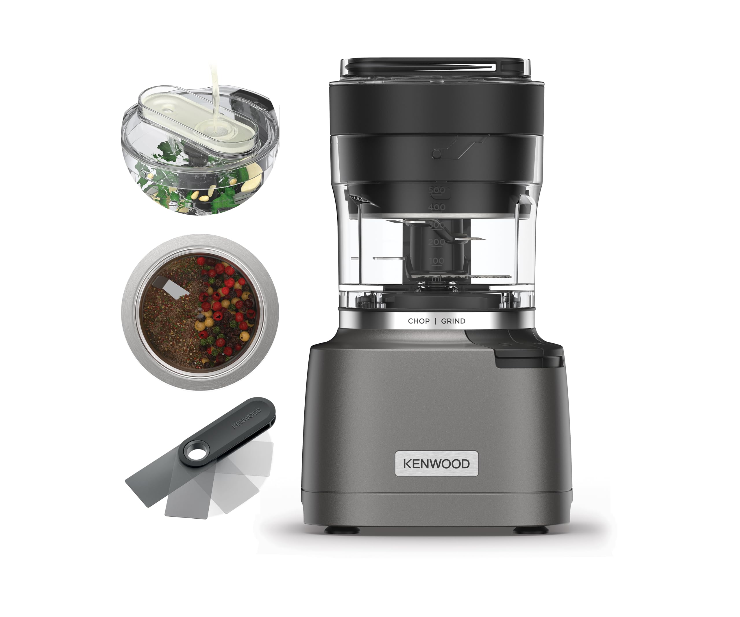 Kenwood Duo Prep CHP80.000SI Modello 2024, Tritatutto e Macinino 2-in-1 con Lame Quadblades Seghettate, Macinino ad Alta Velocità Compatto, Base Antiscivolo, Lavabile in Lavastoviglie, 800W, Argento 800W con MACININO