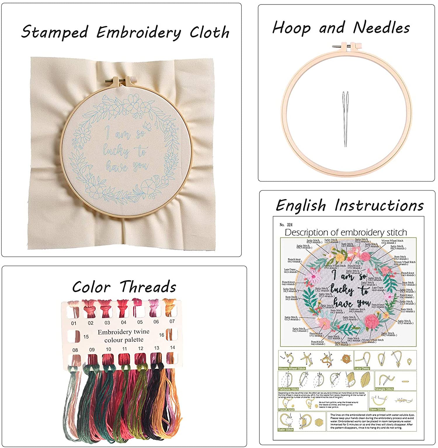 DELFINO Hand Embroidery Kit for Beginners, Embroidery Starter Kit with Instructions, 1 Plastic Embroidery Hoops, Color Threads, Instructions and Needles,Adults Embroidery, DIY Cross Stitch kit