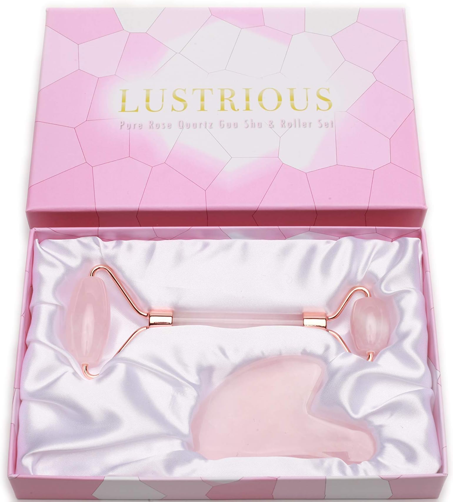 ROSE QUARTZ ROLLER AND GUASHA SET - PINK - JADE ROLLER - ROSE GOLD - STRONG - SILENT - NO SQUEAK - REDUCE PUFFY EYES - DARK CIRCLES - WRINKLES - GIFT SET