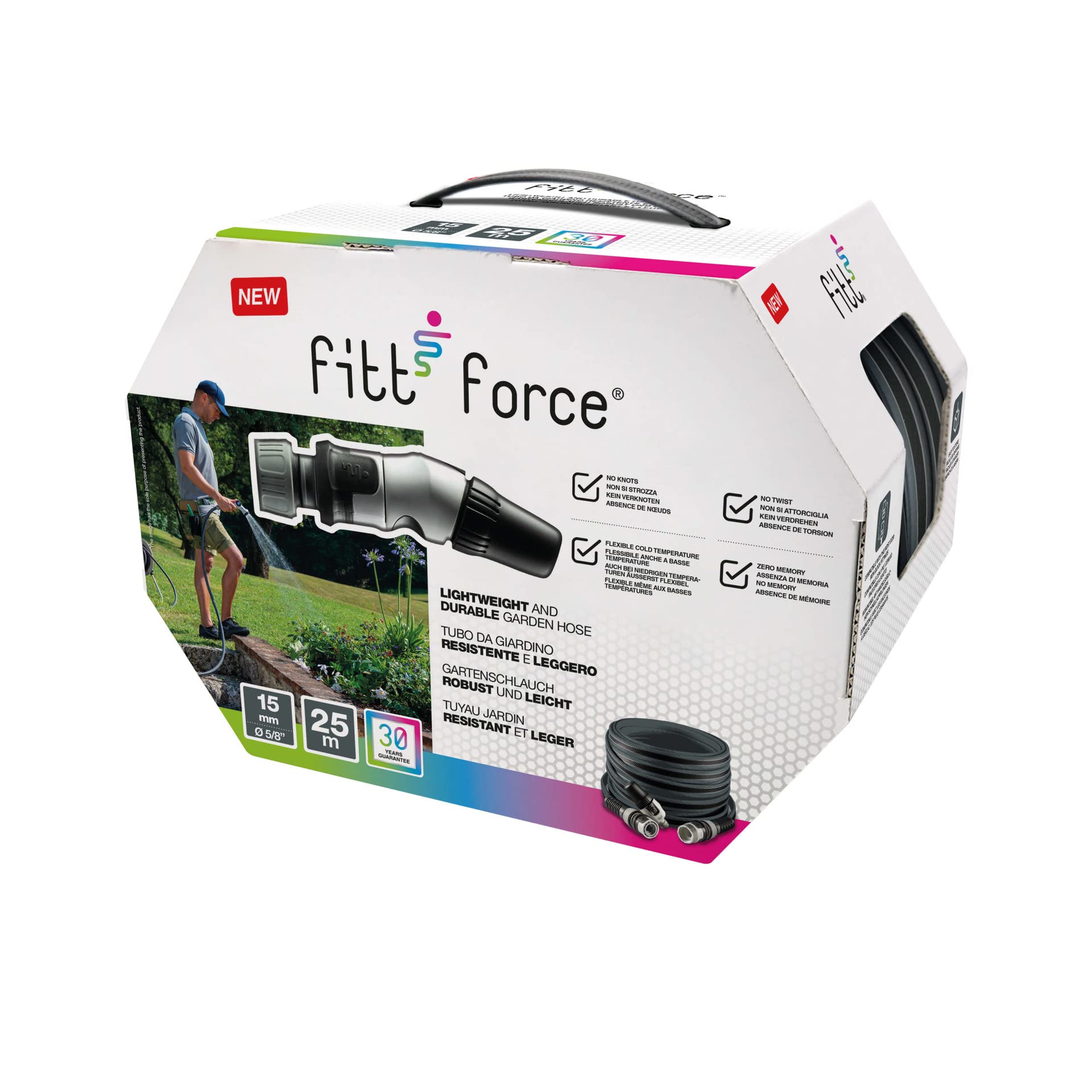 FITT FORCE 5/8" 25 m, Tubo Acqua da Giardino per Irrigazione, Compatto, Leggero e Resistente per Uso Intensivo con Lancia, colore Grigio-Lime