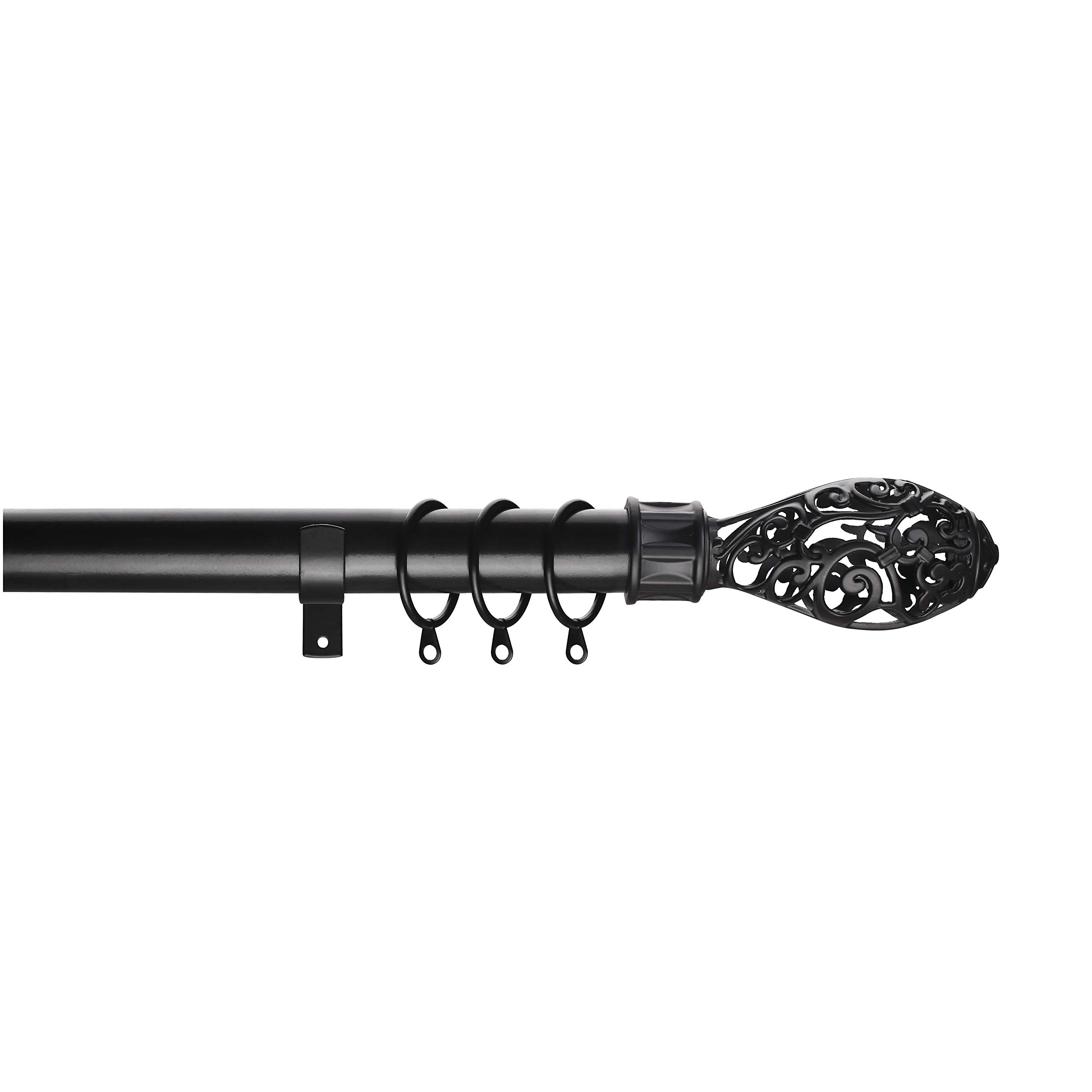 Home Harmony® Acorn Geo Finial Telescopic Extendable Curtain Pole set In Black or Silver and Matching Holdbacks Available (Black, 120-210 cm)