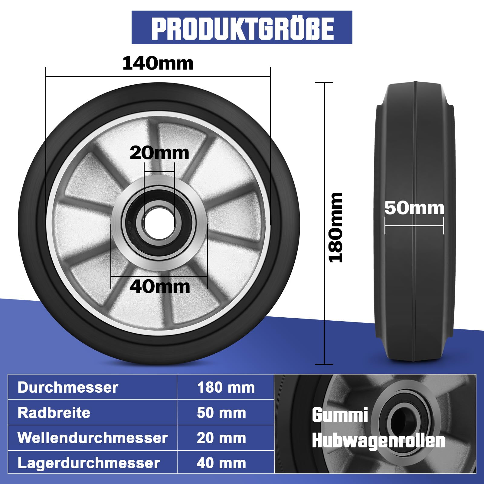 2 roues en caoutchouc pour chariot élévateur de 180x50 mm, axe de 20 mm avec roulement à billes, rouleaux pour chariot élévateur, capacité de charge max. 1400 KG