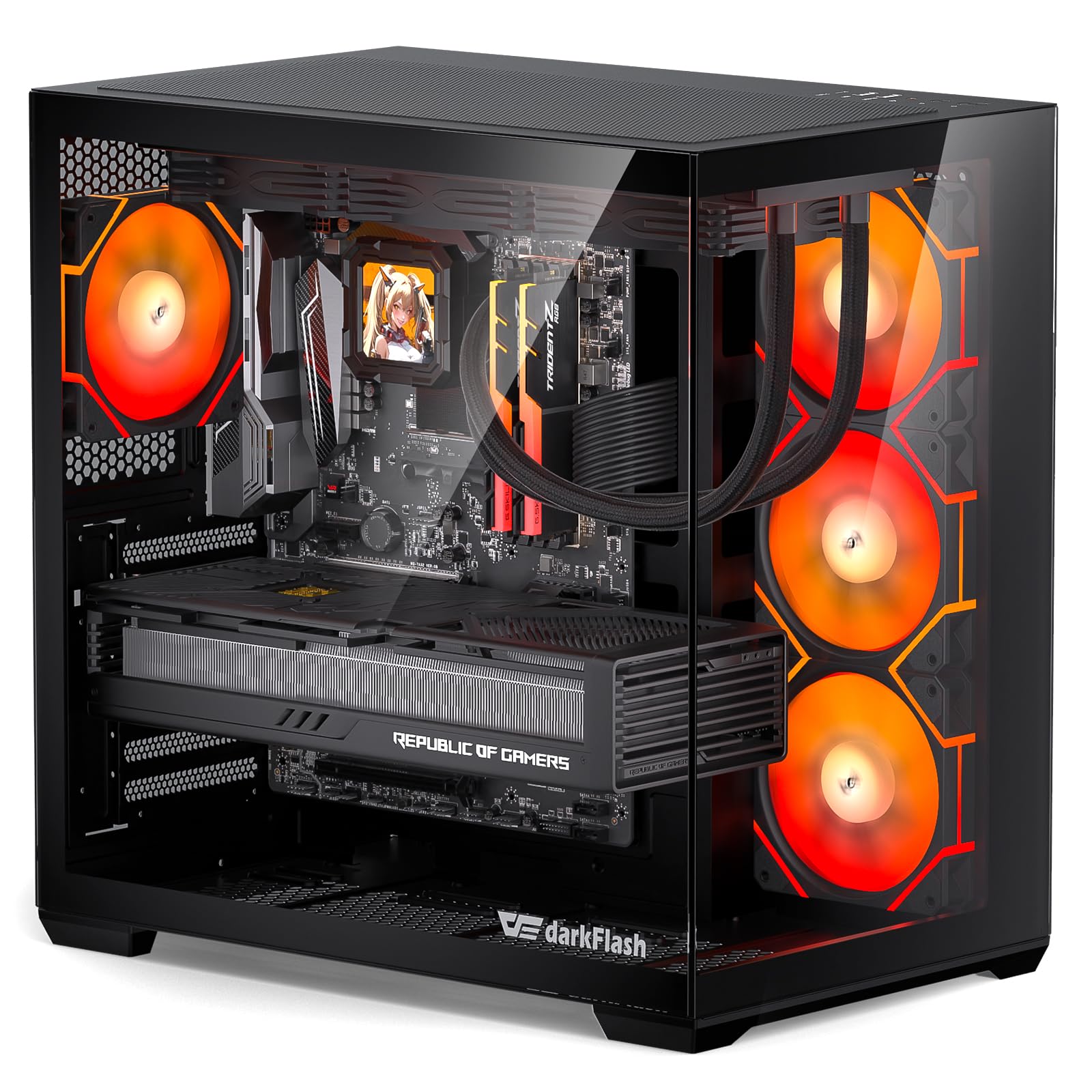 darkFlash C280 E-ATX PC case, case da gioco ventilato a sei lati, radiatore fino a 420 mm, supporto verticale per GPU, connessione posteriore, tipo C, flusso d'aria elevato, 7 ventole PWM incluse