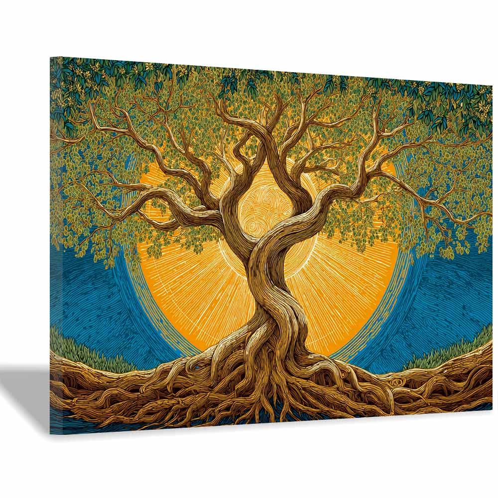ZAMAEIU The tree of life Sun-entwining Tree Canvas Paintings Abstract Tree,Wall Art Poster Modern Room Bedroom Home Decor Geometric Print Patterns(green)-60x90cm Framed