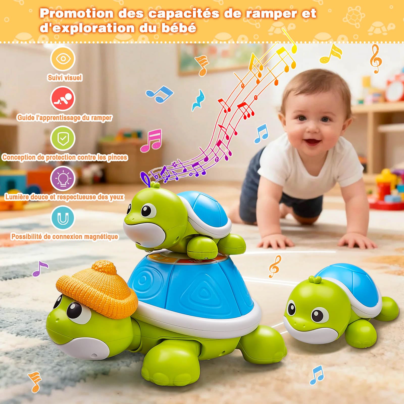 HILKKET Jouet Rampant Bebe, 3 PCS Tortue Qui Marche Bebe avec Musique et Lumières, Jouet Bebe 3-6-12 Mois Cadeau, 1 2 Ans Fille Jouets D'éveil Musicaux, Idée Cadeau Bébé 1 an Anniversaire