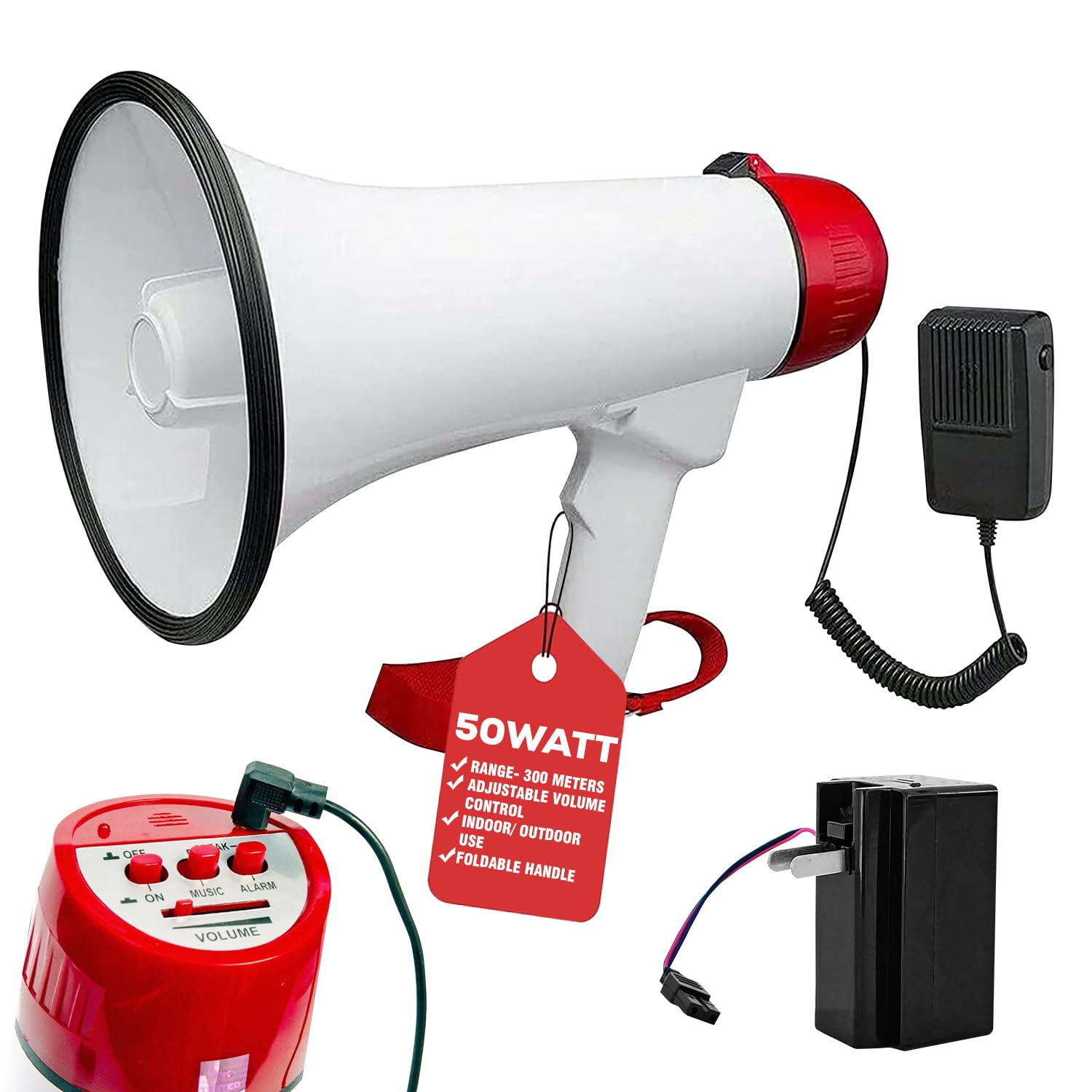 5 CORE Megaphone Bull Horn 50W Power 300 Meter Range Loud Siren Rechargeable Bullhorn PA Speaker System w Recording USB SD Card Adjustable Volume for Coaches Speeches Events Battery Included
