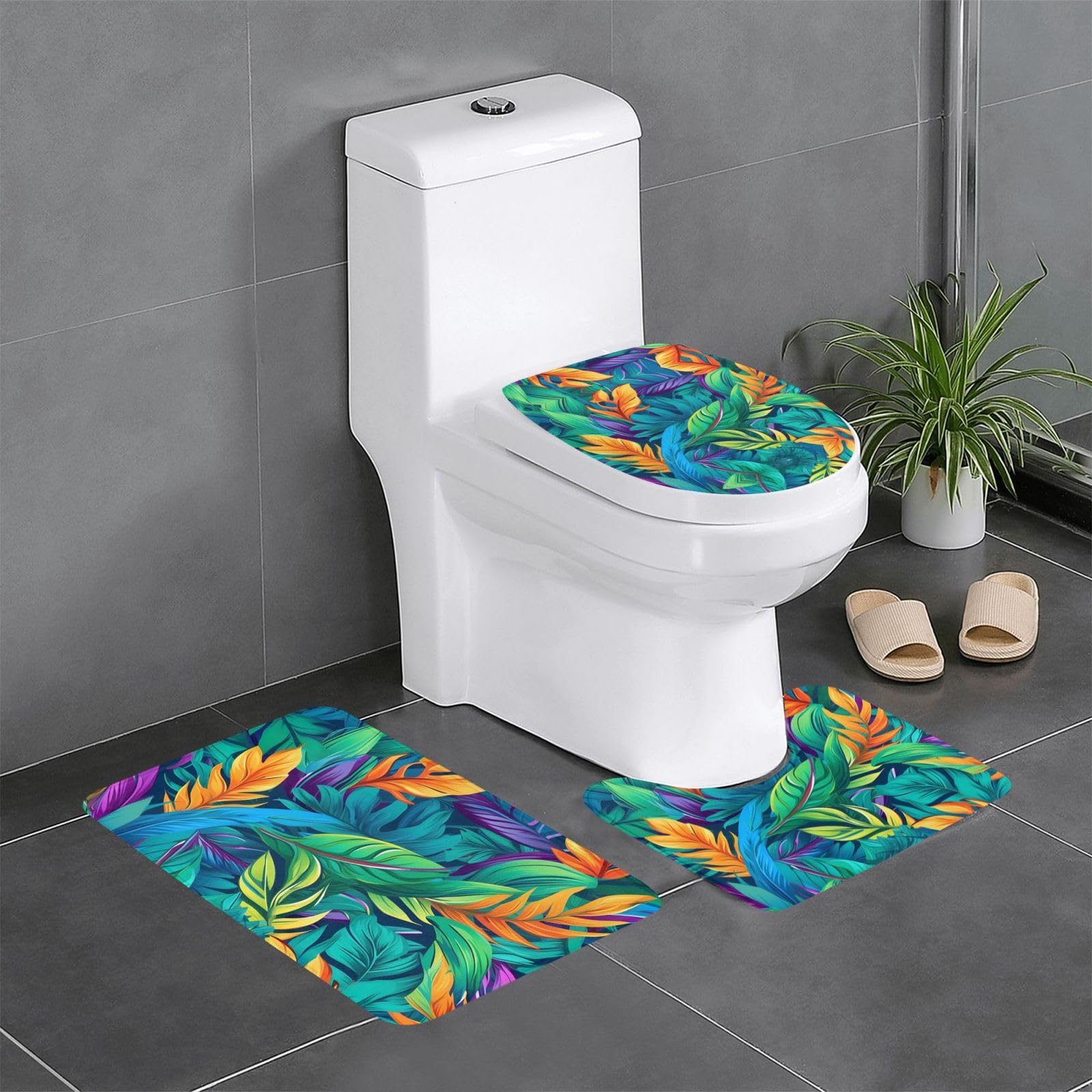 Tapis de salle de bain antidérapant lot de 3 motif tropical chic lavable pour WC