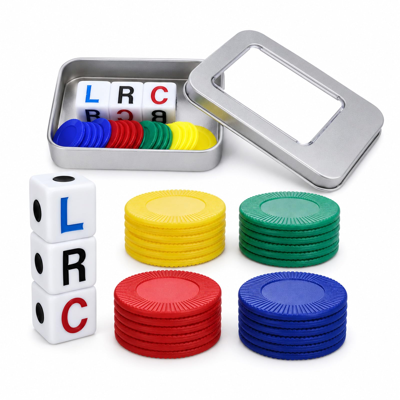 Left Right Center Dice Game Set 3 Dice 24 Chips and Storage Box Family Fun