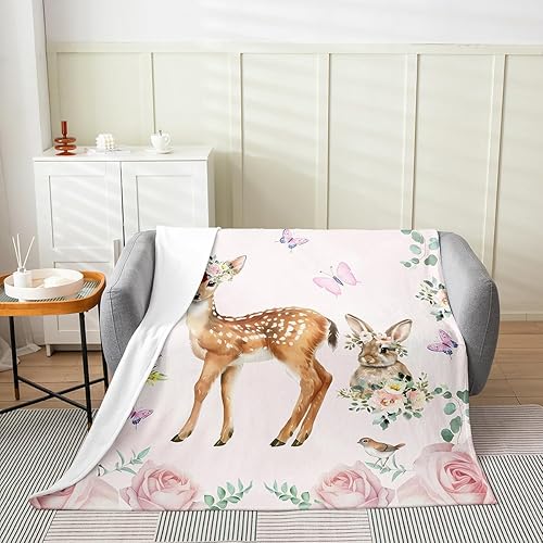Miniatura 2 de Erosebridal Deer Rabbit Fleece Blanket,Zoo Animal Throw Blanket 40x50 Inch for Bedroom Living Room Sofa Couch,Butterflies Rose Bed Blankets,Garden