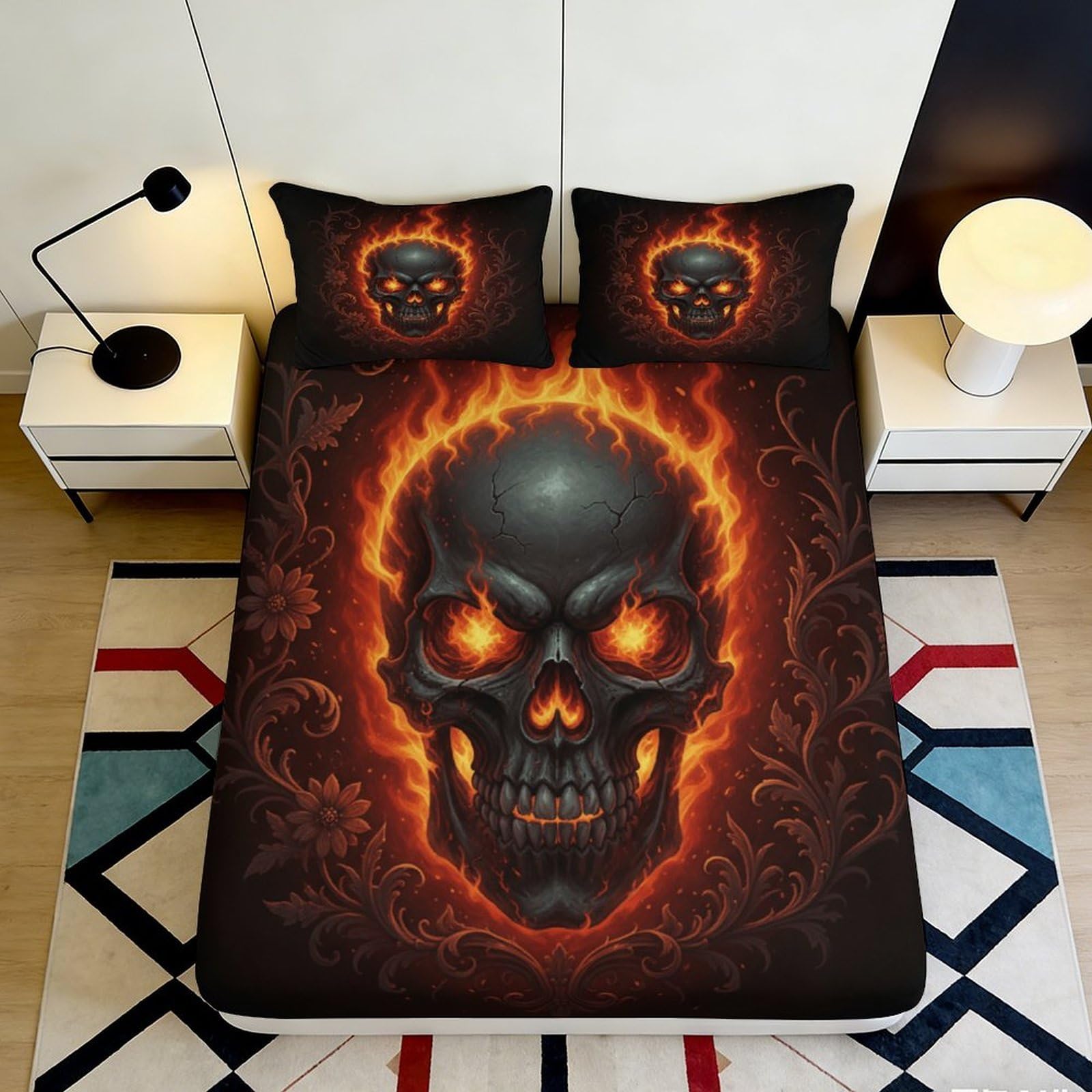 3D Printed Flaming Skull Fitted Sheet Microfiber Soft Bed Cover for Bedroom Decor Dorm Mattress Protection 90x200x25cm