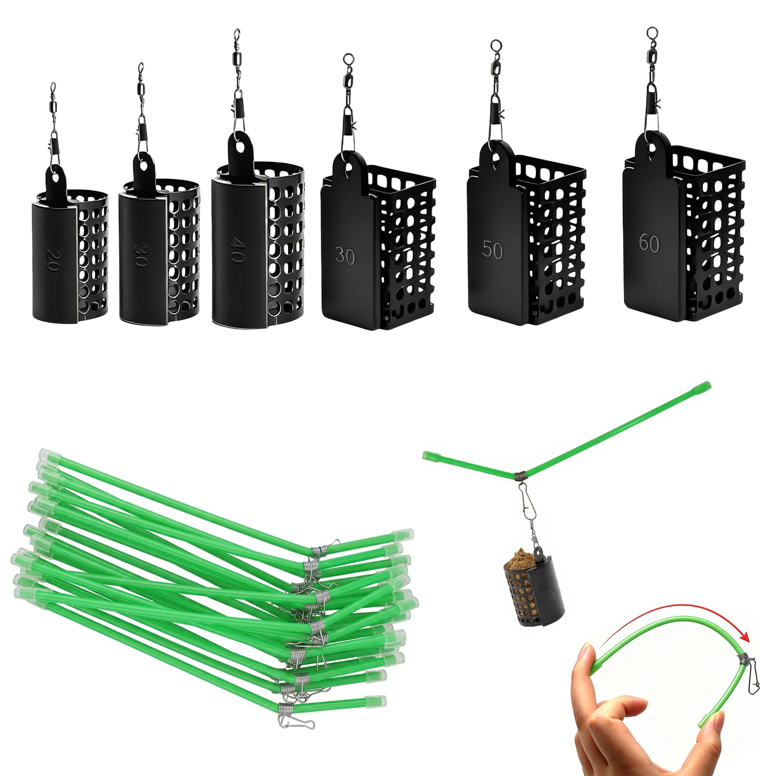 26 Stück Futterkorb Angeln Anti Tangle Boom Futterkorb Feeder Korb 20/30/40/50/60g Anti Tangle 20cm Feeder Zubehör Grundangeln Angelzubehör Geeignet für Meeres und Süßwasserfische
