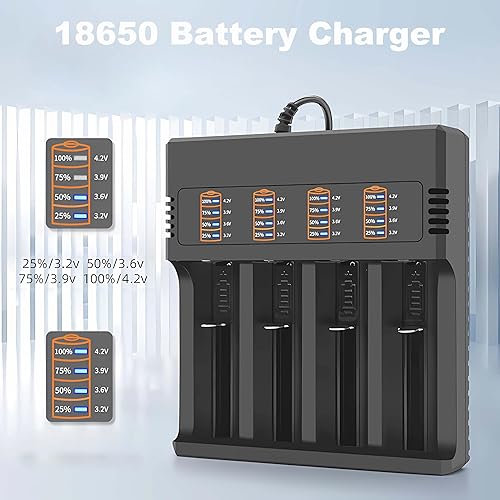 Miniatura 4 de Cargador de batería 18650 de 4 bahías, cargador universal inteligente para baterías recargables de 3.7 V, baterías de iones de litio 18650 26650