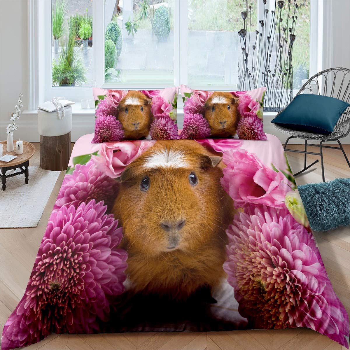 Loussiesd Cute Guinea Pig Comforter Cover Set 3D Animal Pattern Duvet Cover for Kids Boys Girls Teens Floral Print Bedding Set Nature Theme Quilt Cover Room Decor 3Pcs Bedclothes Double Size