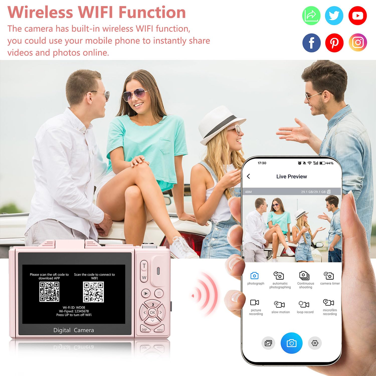 Fotocamera digitale per fotografia, 4K Vlogging Camera per YouTube 3 pollici 180° Flip Screen Zoom digitale 18X Fotocamera compatta con 32GB TF Card & 2 Batterie, Rosa