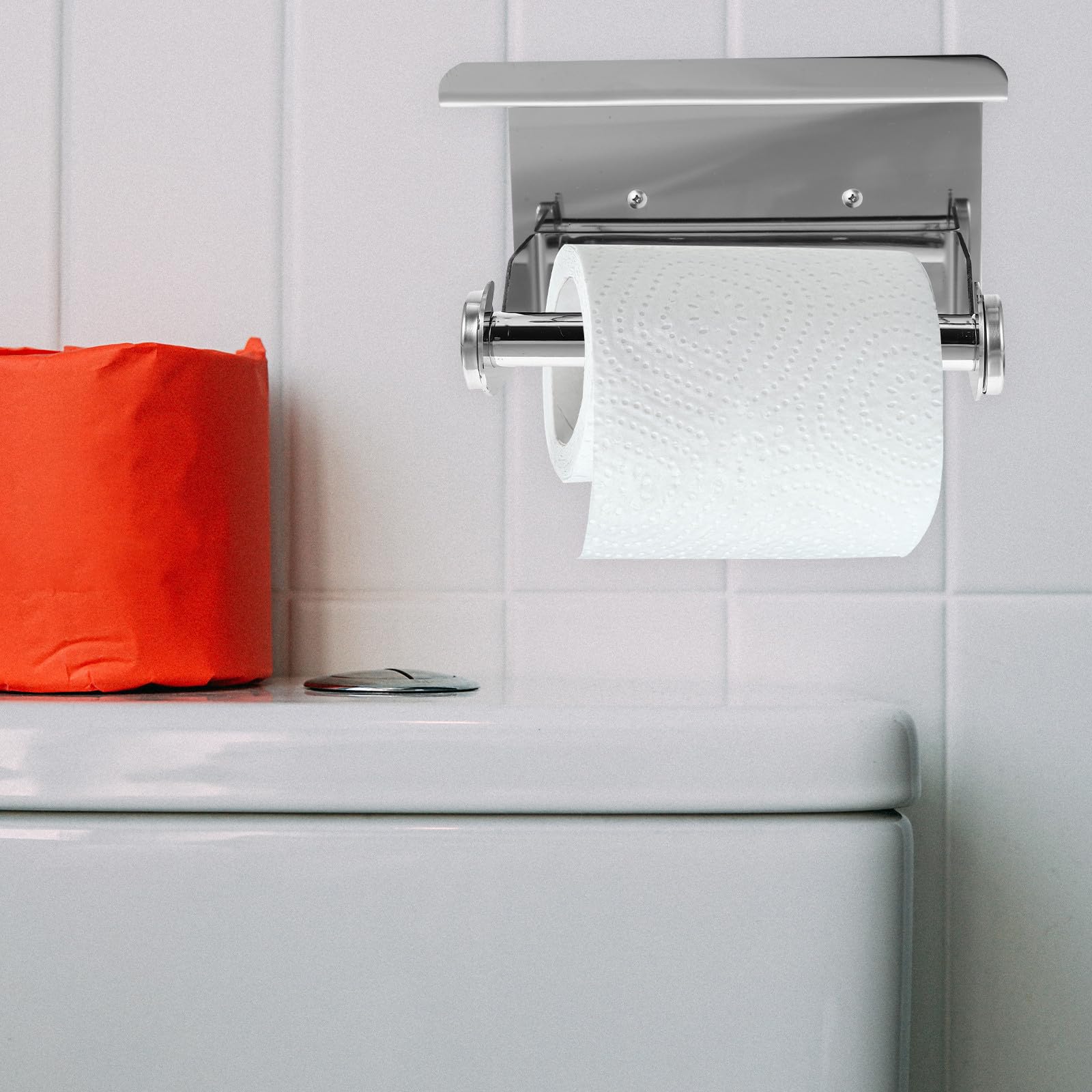 Portarotolo con Ripiano Argento in Acciaio Inox di Carta Igienica | Portarotolo di Carta Igienica con Ripiano, Design con Mensola, Antiruggine, per Bagno di Casa e Hotel