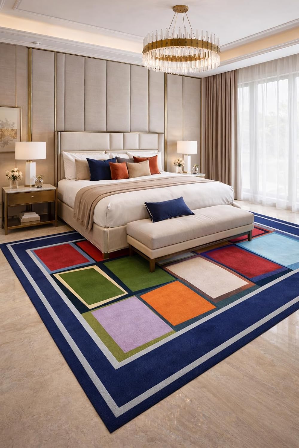 Modern Geometric Area Rug, Colorful Abstract Squares Design, Navy Blue Border, Contemporary Home Decor (8 * 10 feet)
