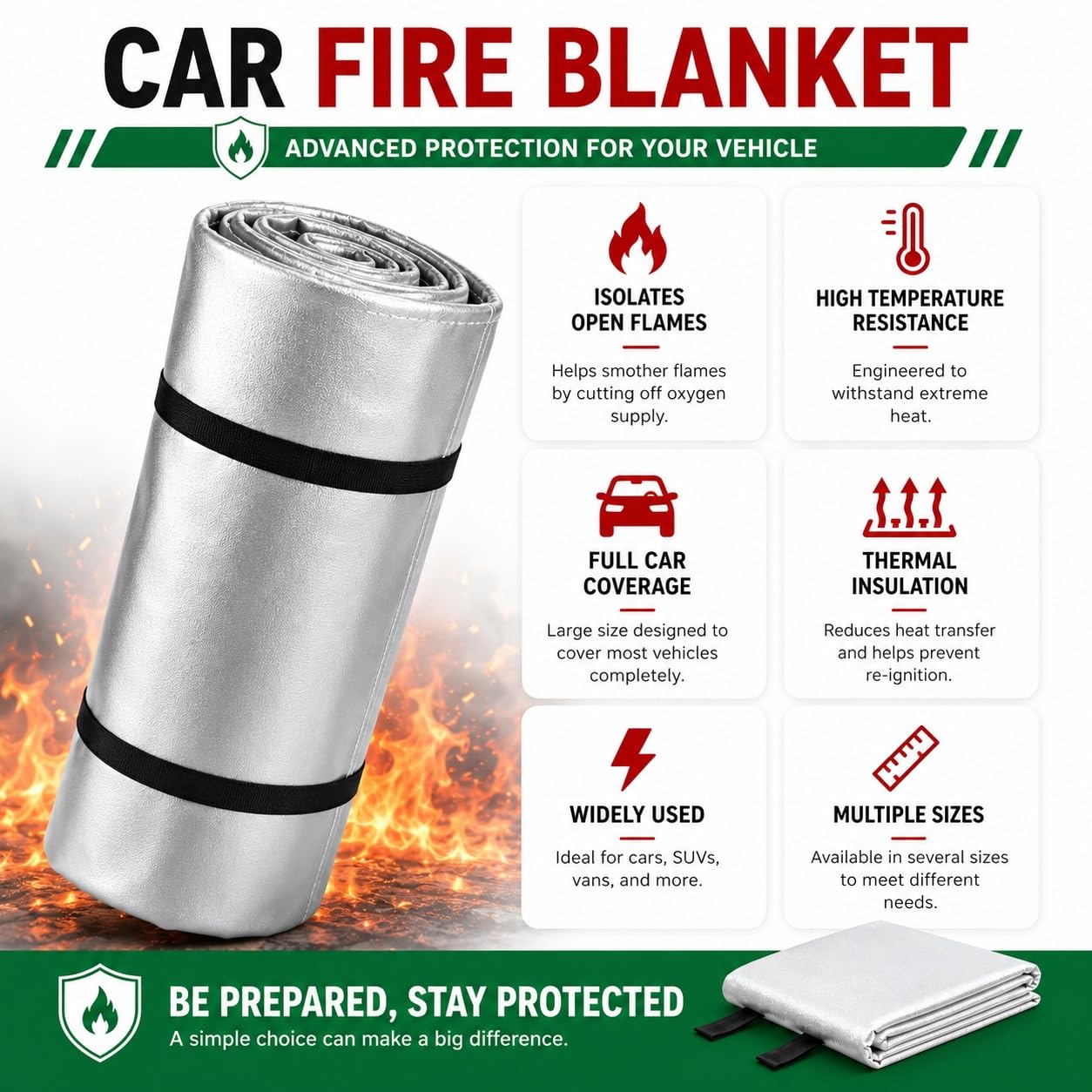 Manta Ignífuga De Emergencia For Vehículos, Gran Cobertura For SUV | Recubrimiento de silicona ignífugo, 0,5 mm de espesor, con bolsa de transporte, for taller y berlinas(6*8m/20*26ft)