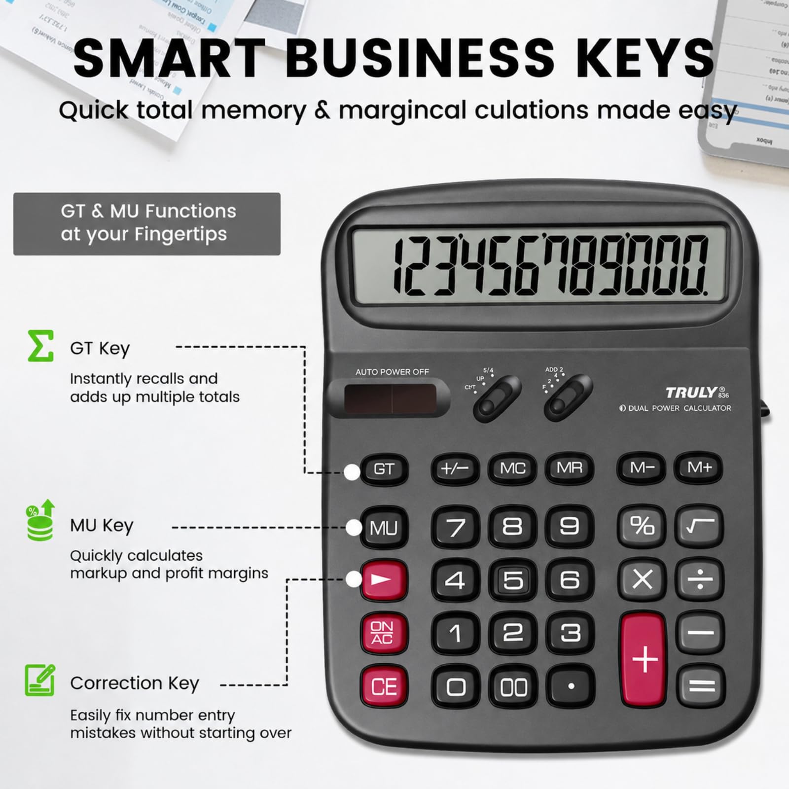 TRULY Calculadora de escritorio de 12 dígitos con pantalla extragrande de 5.3 pulgadas, interruptor de alimentación lateral, teclas GT y MU, alimentación dual, pantalla en ángulo de 30° para oficina y