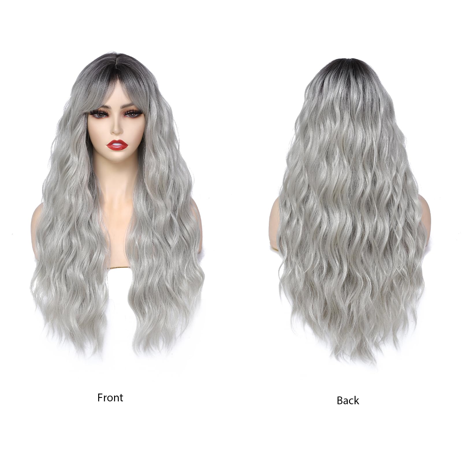 BUYOGET Long Curly Wavy Ombre Silver Wig with Fringe Adjustable 24 Inch Synthetic Cosplay Daily Hair Wigs for Women - Image 2