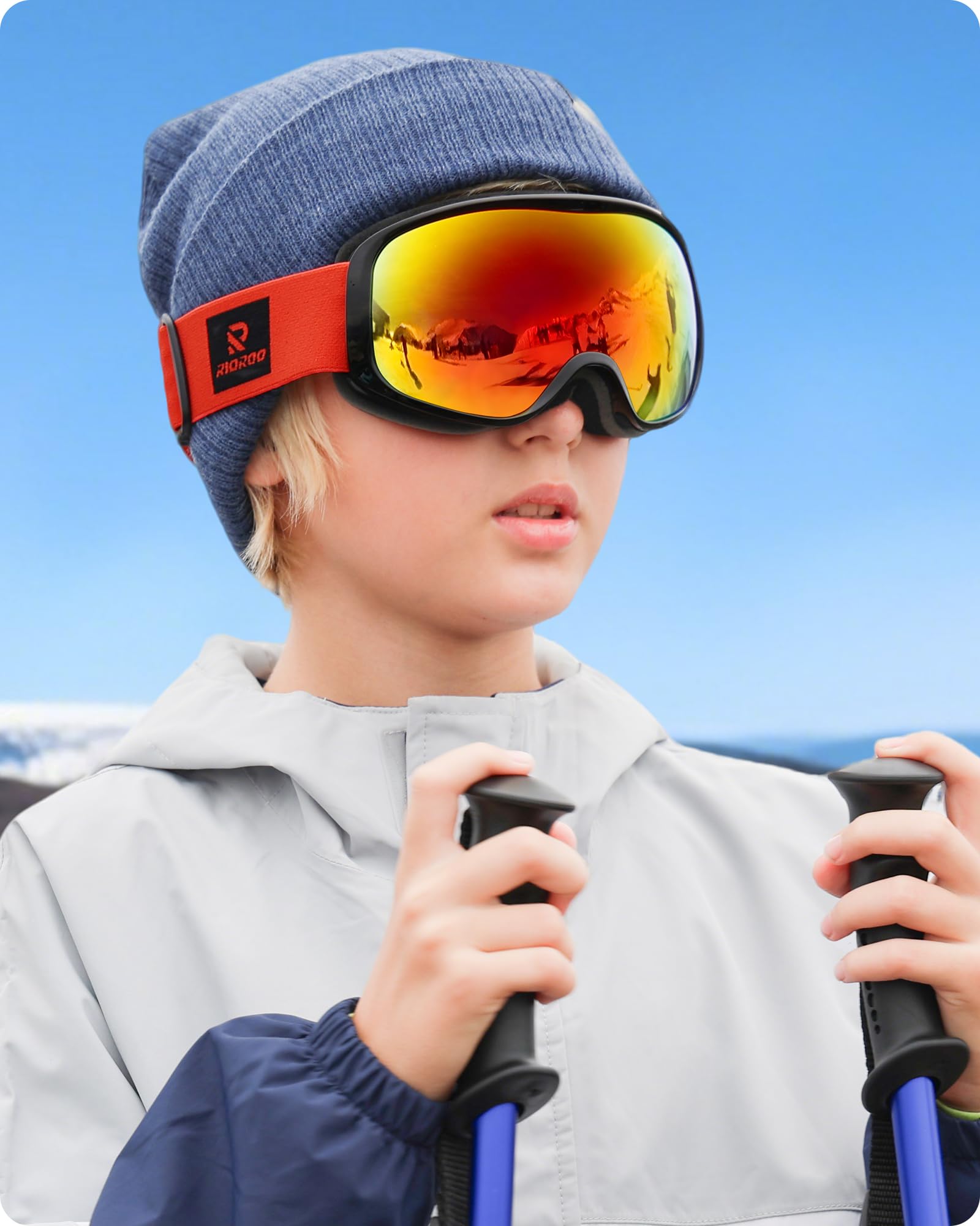 Gogle narciarskie dla dzieci, gogle narciarskie dla małych dzieci, gogle snowboardowe dla chłopców, dziewcząt w wieku 3-14 lat, 100% ochrona przed promieniowaniem UV, gogle narciarskie OTG