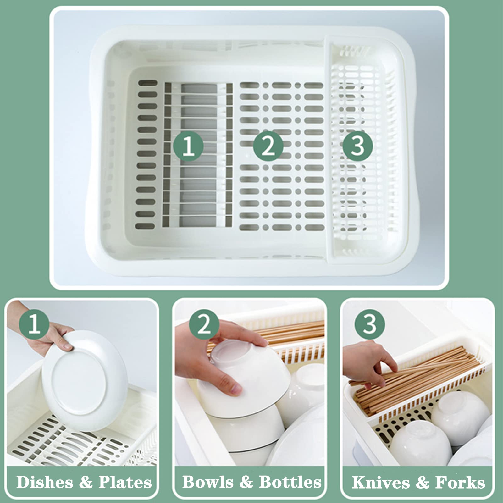Lyellfe Escurridor de platos de plástico, soporte para secadora de botellas con tapa de cubierta y escurridor extraíble, utensilios blancos y portavasos para encimera de cocina, estante para secadora