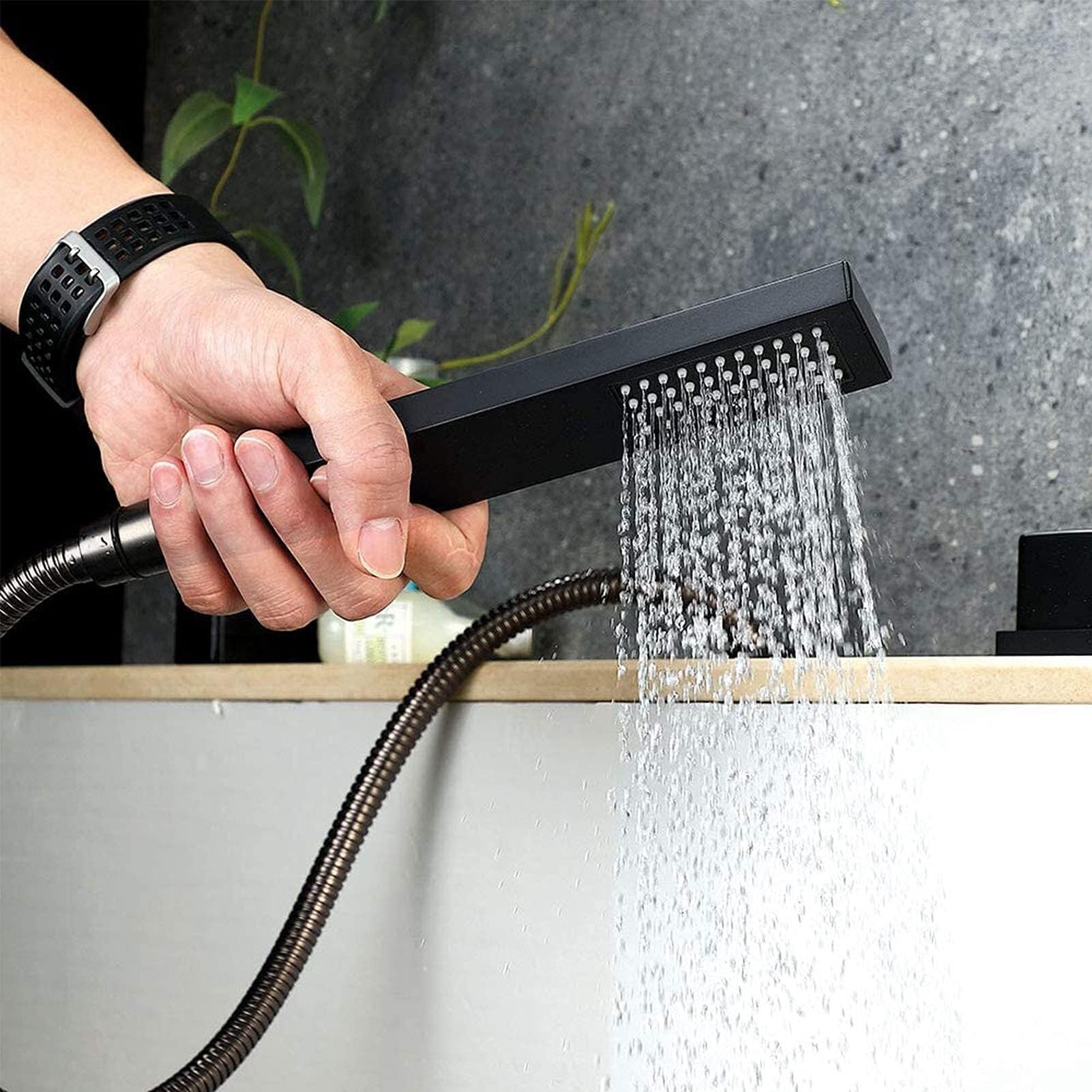 Grifo de bañera Cascada Negro Mate, Moderno Grifo de bañera de 5 Orificios para Montaje en Cubierta, llenador de bañera Romana con Ducha de Mano, Grifo Mezclador de Ducha para baño