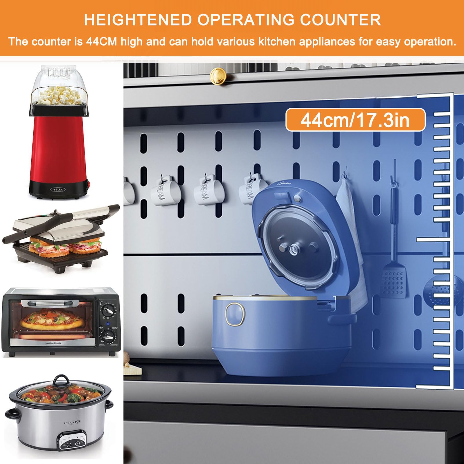 Armadietto moderno alto con supporto per microonde e cassetto, autoportante, con porte per cavi e ganci, elegante organizer per cucina e sala da pranzo, nero, 80 x 172 cm