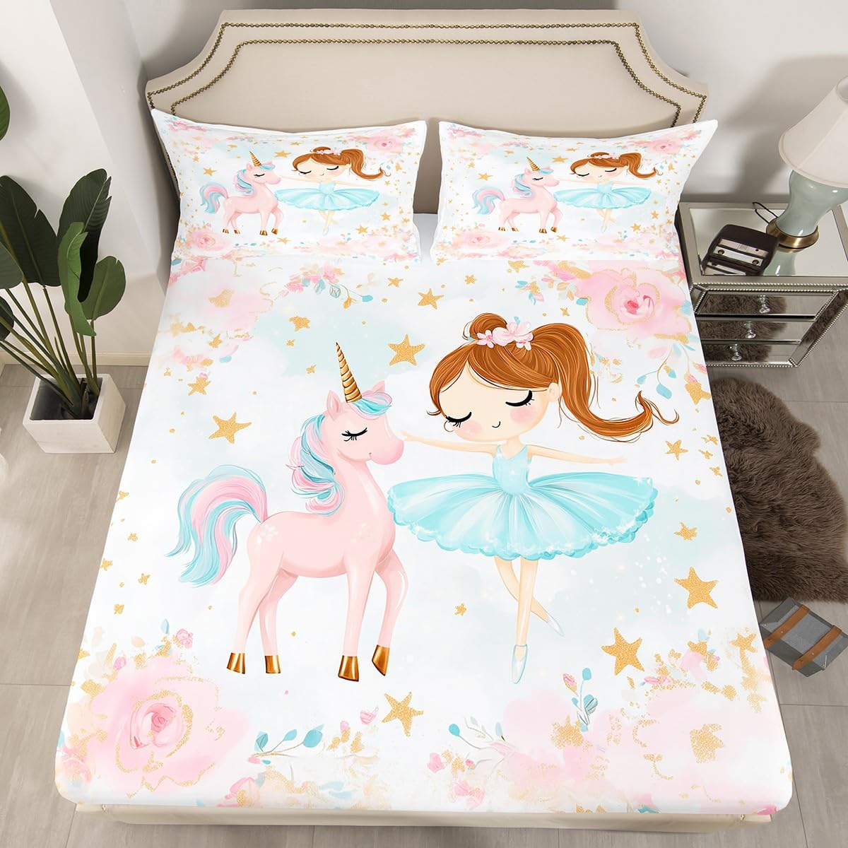 Parure lit double licorne mignonne et ballerine pour transformer la chambre d'enfant en château