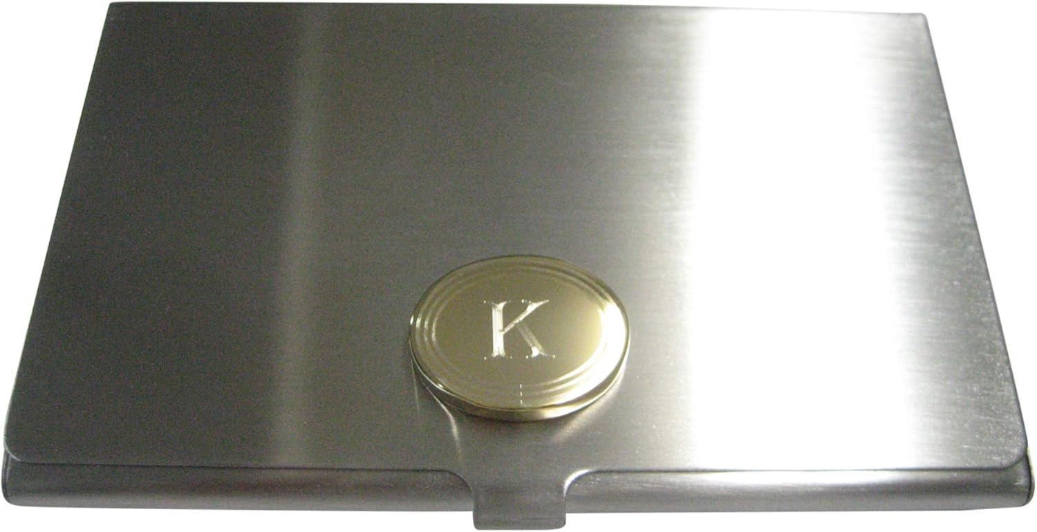 Gold Toned Etched Oval Letter K Monogram Business Card Holder