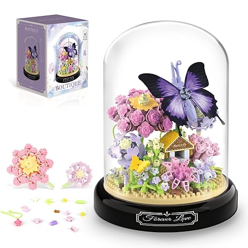 Flower Bouquet Building Kit for Adults, Animals Flowers 582 PCS Botanical Collection Mini Building Blocks Set, Valentine's Day for Her Mom Women Wife Girlfriend (Butterfly) - Butterfly Flower B